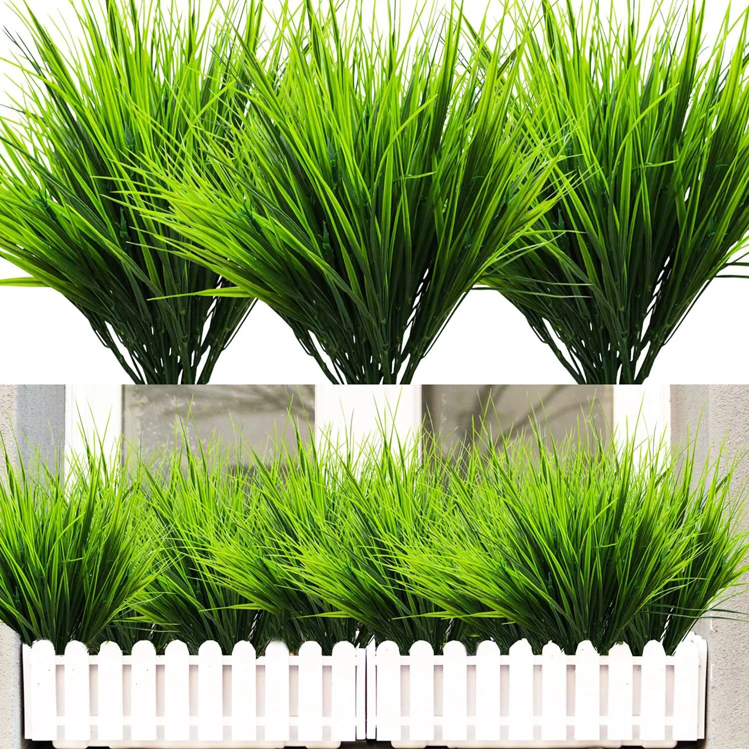 12 Bundles Artificial Wheat Grass ,Outdoor 7 Forks Fake Plants Bushes Greenery Shrubs Faux Plastic Plants for House Garden Porch Window Box Decor Patio Front Porch Decor