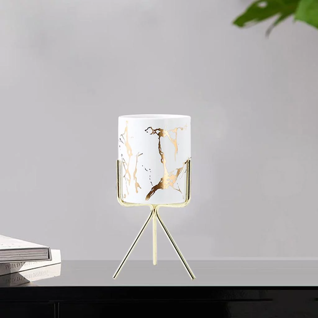 Marble Texture Pot with Stand Cylinder Planter Holder White L