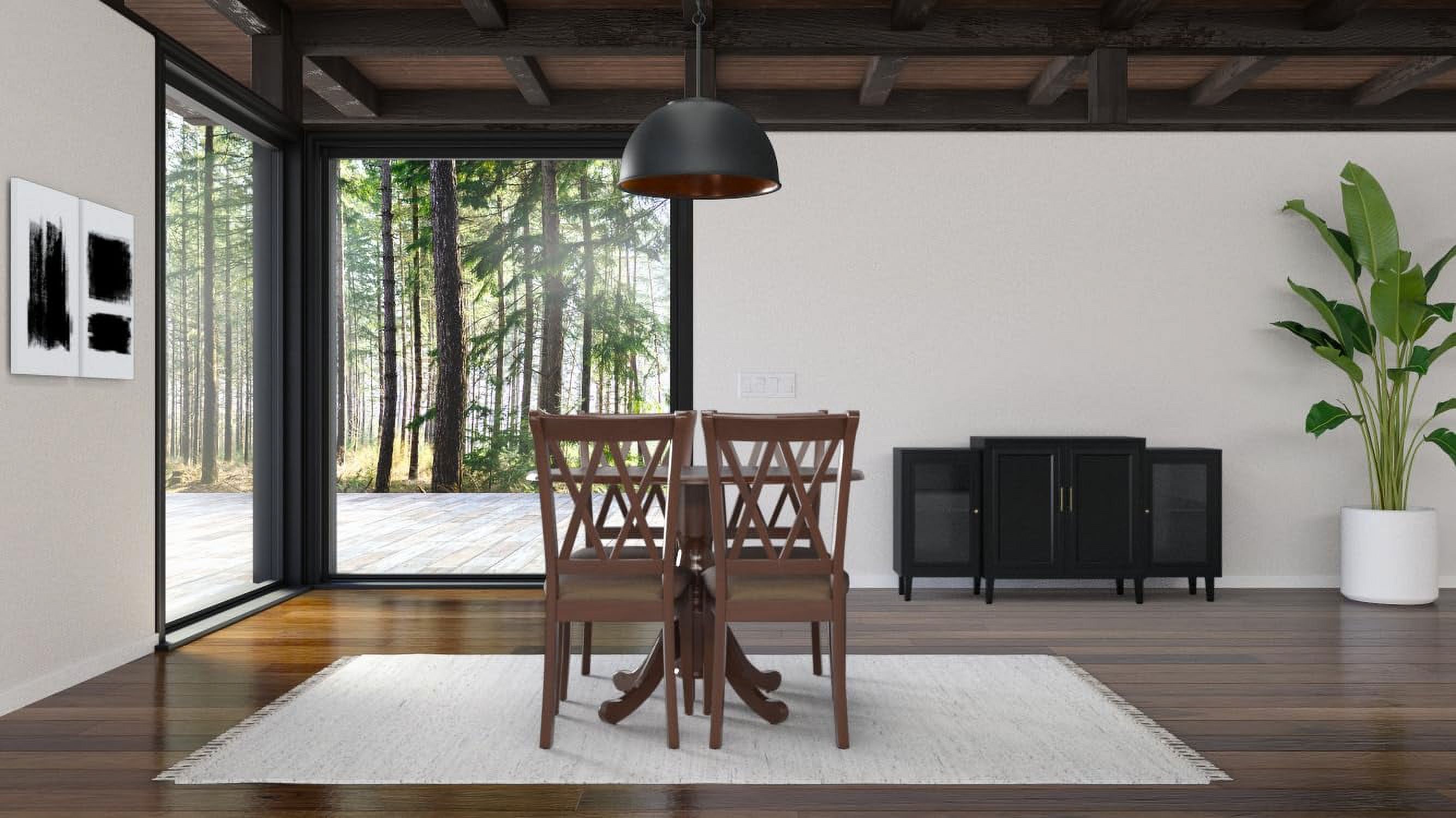 Dublin 5 Piece Modern Set Includes A Round Wooden Table With Dropleaf And 4 Linen Fabric Dining Room Chairs, 42X42 Inch, Mahogany