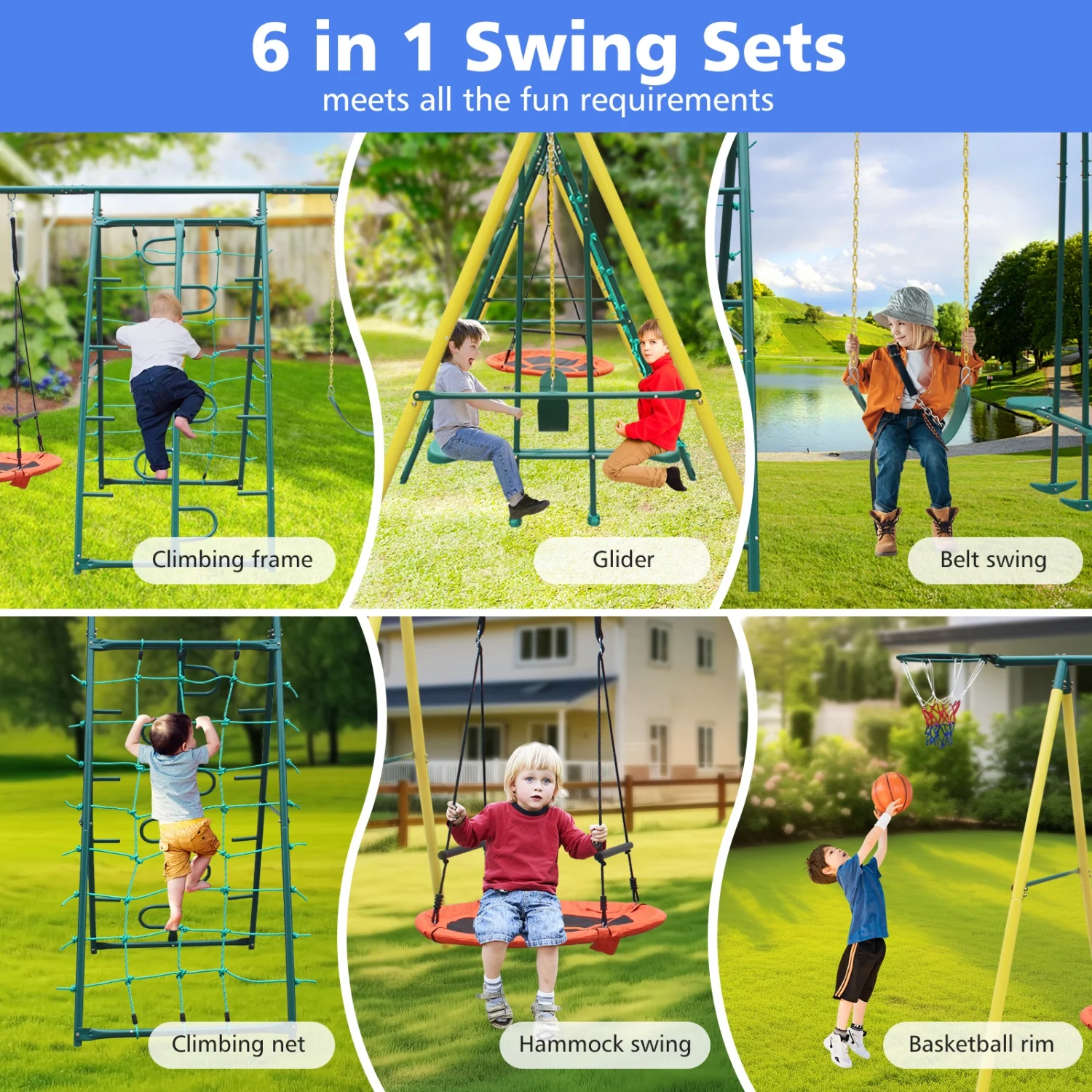 Metal Swing Set with Safety Belt for Backyard  Stylish Indoor/Outdoor Fun and Relaxation Option for Kids  Sturdy and Durable Design for Long-lasting Enjoyment in Your Outdoor Space