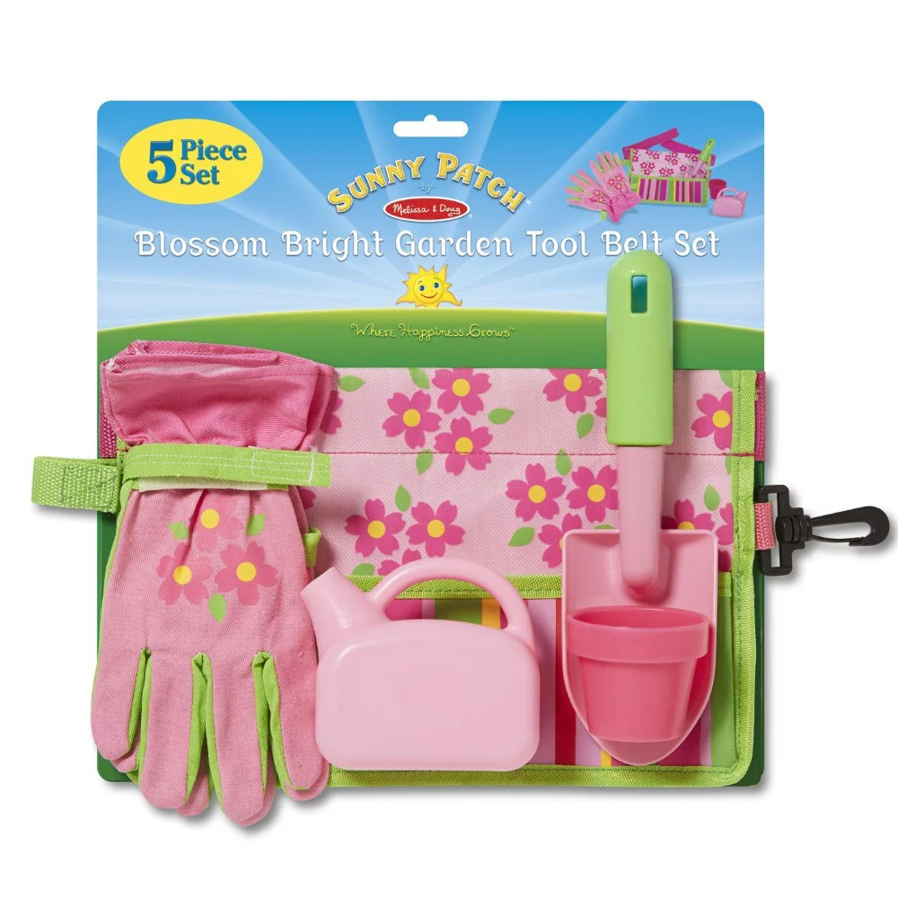 Melissa & Doug Sunny Patch Blossom Bright Garden Tool Belt Set With Gloves, Trowel, Watering Can, and Pot