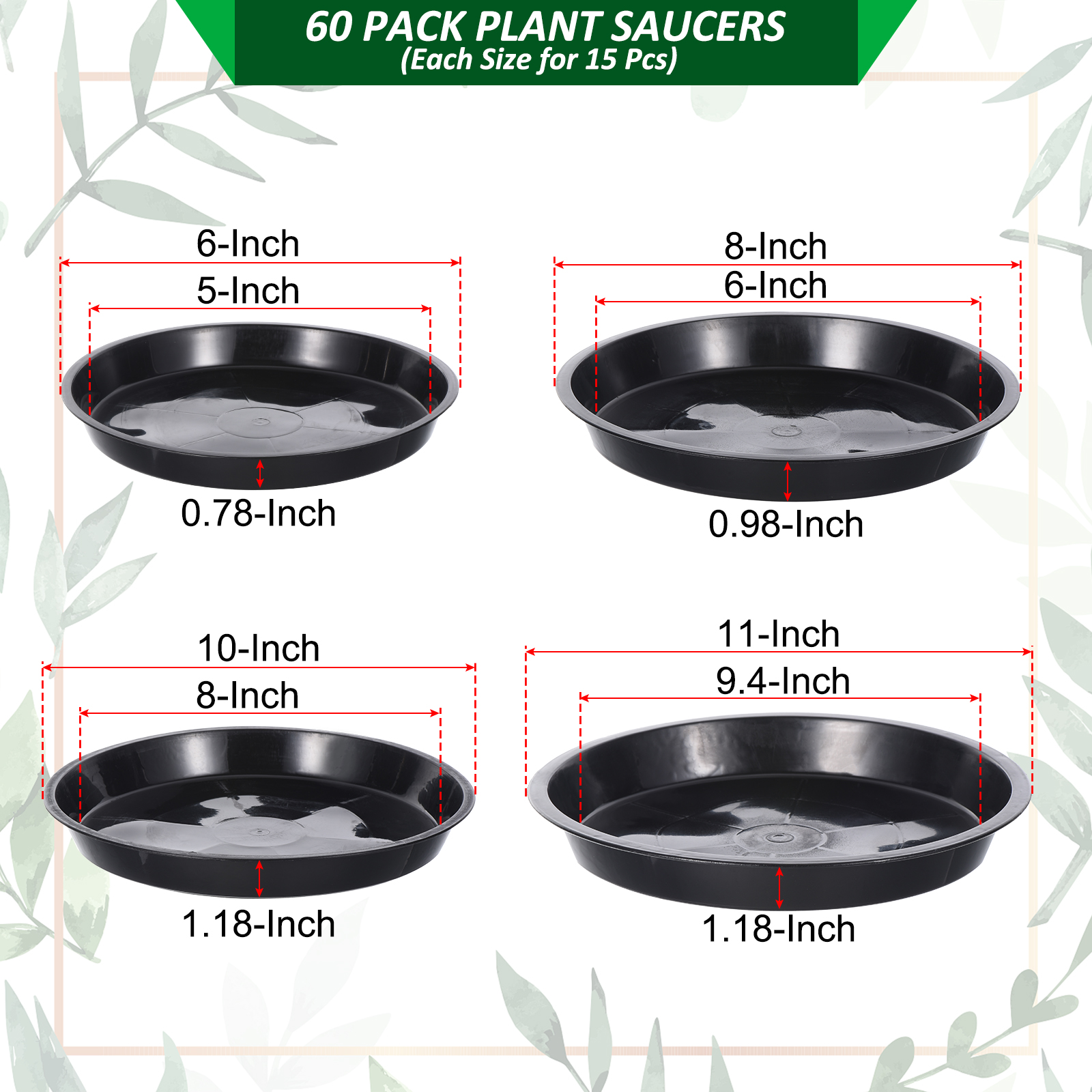 Uxcell Plastic Plant Saucer 6/8/10/12 Inch Plant Tray for Pot Round Plant Dish Plant Drip Trays Water Tray Black 60 Pack