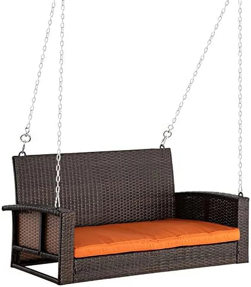 MQLIFEBOOM 2 Person Wicker Hanging Swing Bench  Front Porch Swing Outdoor Chair with Cushions 550 lbs. Weight Capacity for Backyard  Garden  Cream White