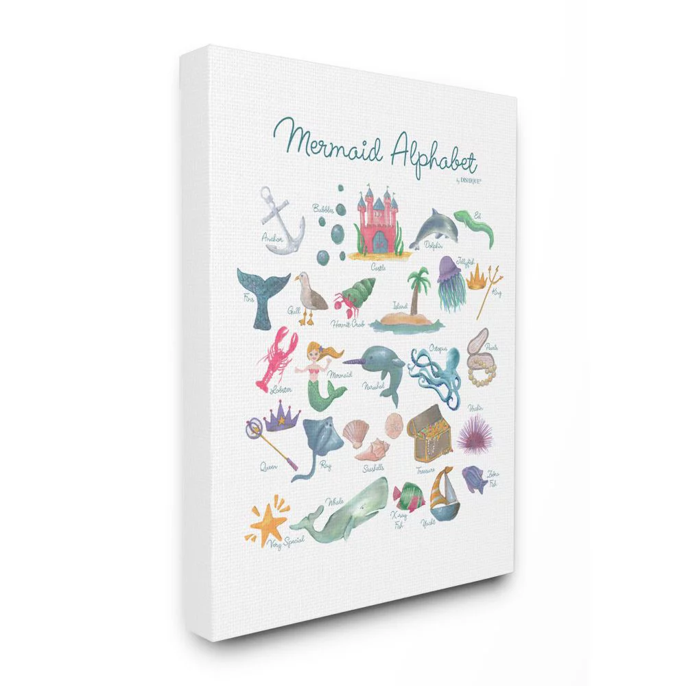 The Kids Room by Stupell Watercolor Mermaid Alphabet with Bubbles Sea Creatures and Anchor Super Canvas Wall Art