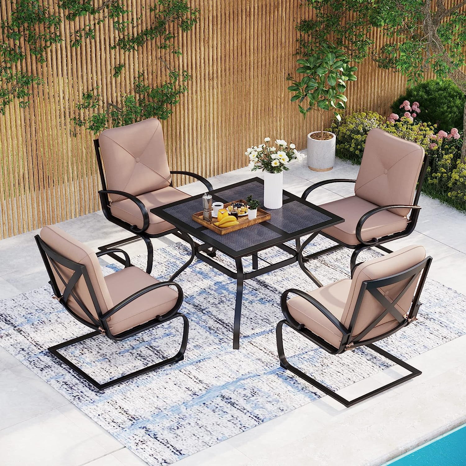7PCS Outdoor Patio Dining Set  6 Spring Motion Chairs with Cushion  1 Rectangular Expandable Table  Porch Lawn Backyard Garden Furniture Sets  Beige