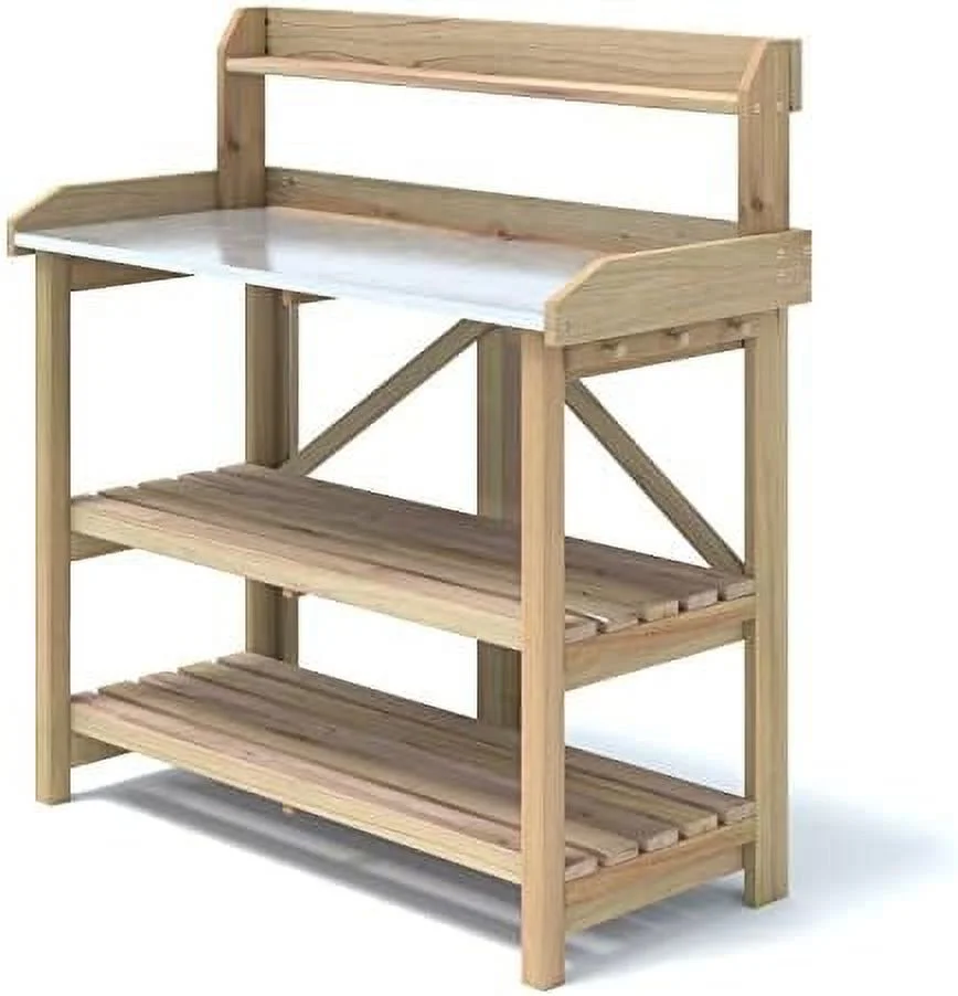 LNSETGC Garden Potting Bench  Gardening Work Station Table with 2  Shelves  Fir Wood Structure and Metal Tabletop  Gardening Table Potting  for Outside Backyard Balcony
