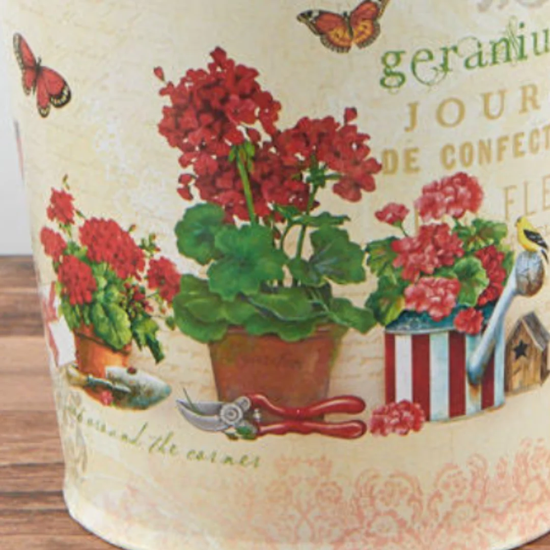 Red Geranium Print Tin Pail Planter with Handle - For Indoor Spring and Summer Arrangements and Home Decor