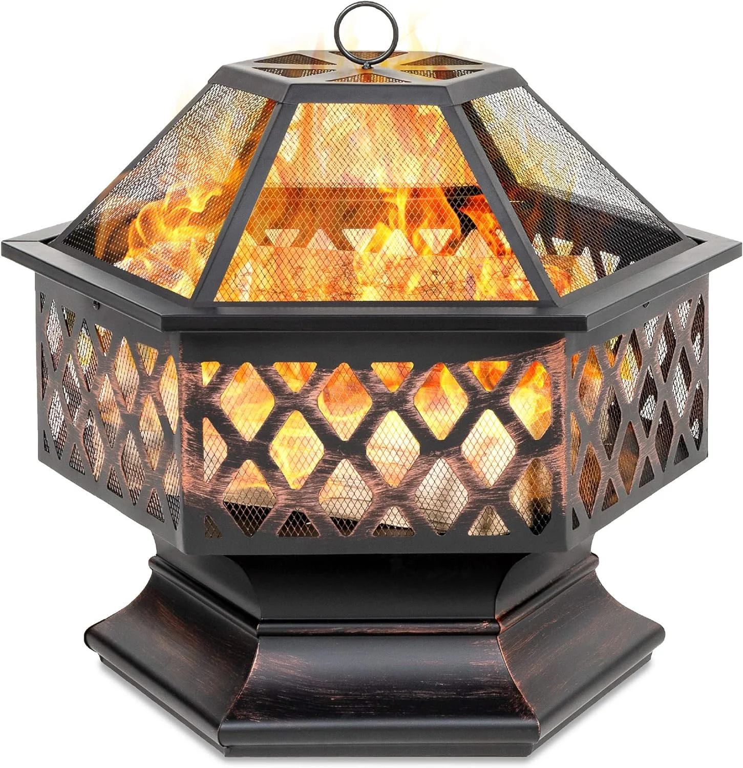 Hex-Shaped 24in Steel Fire Pit, Black Metal Wood Burning Firepit, Portable Hexagon Fire Bowl for Outside, Patio, Backyard w/Flame-Retardant Mesh Lid