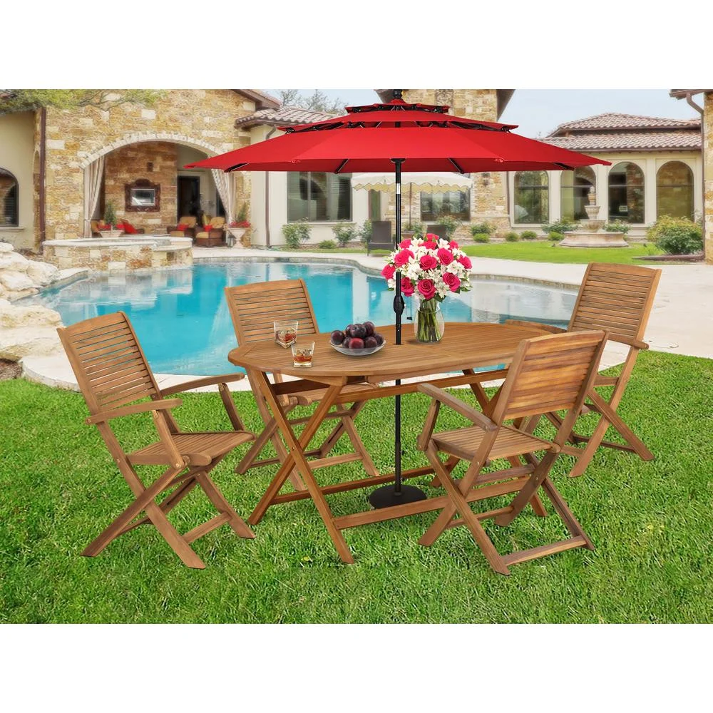 East West Furniture 5 Piece Outdoor Patio Dining Sets, 36x60, Natural Oil