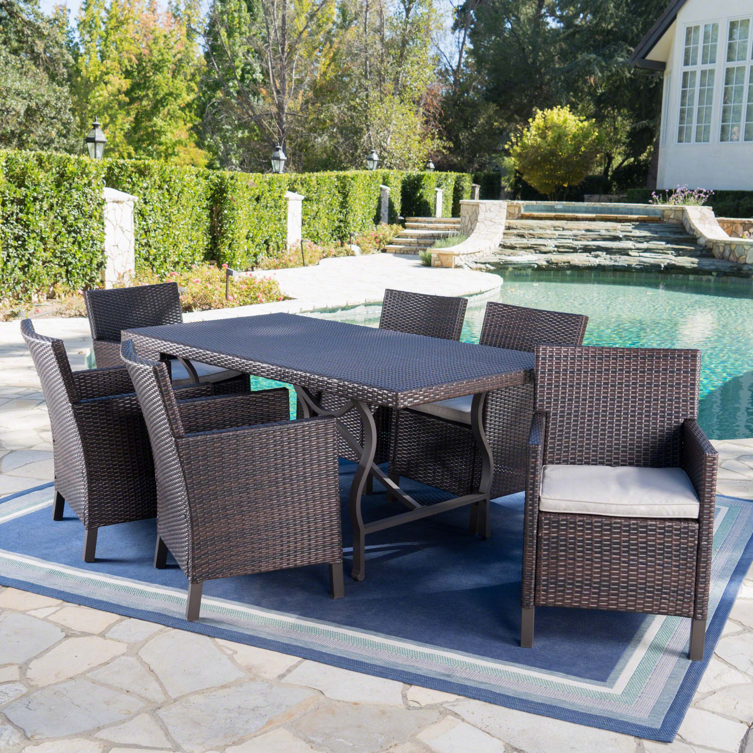 Emery Outdoor 7 Piece Wicker Dining Set with Rectangular Aluminum Framed Dining Table and Cushions, Multibrown, Light Brown