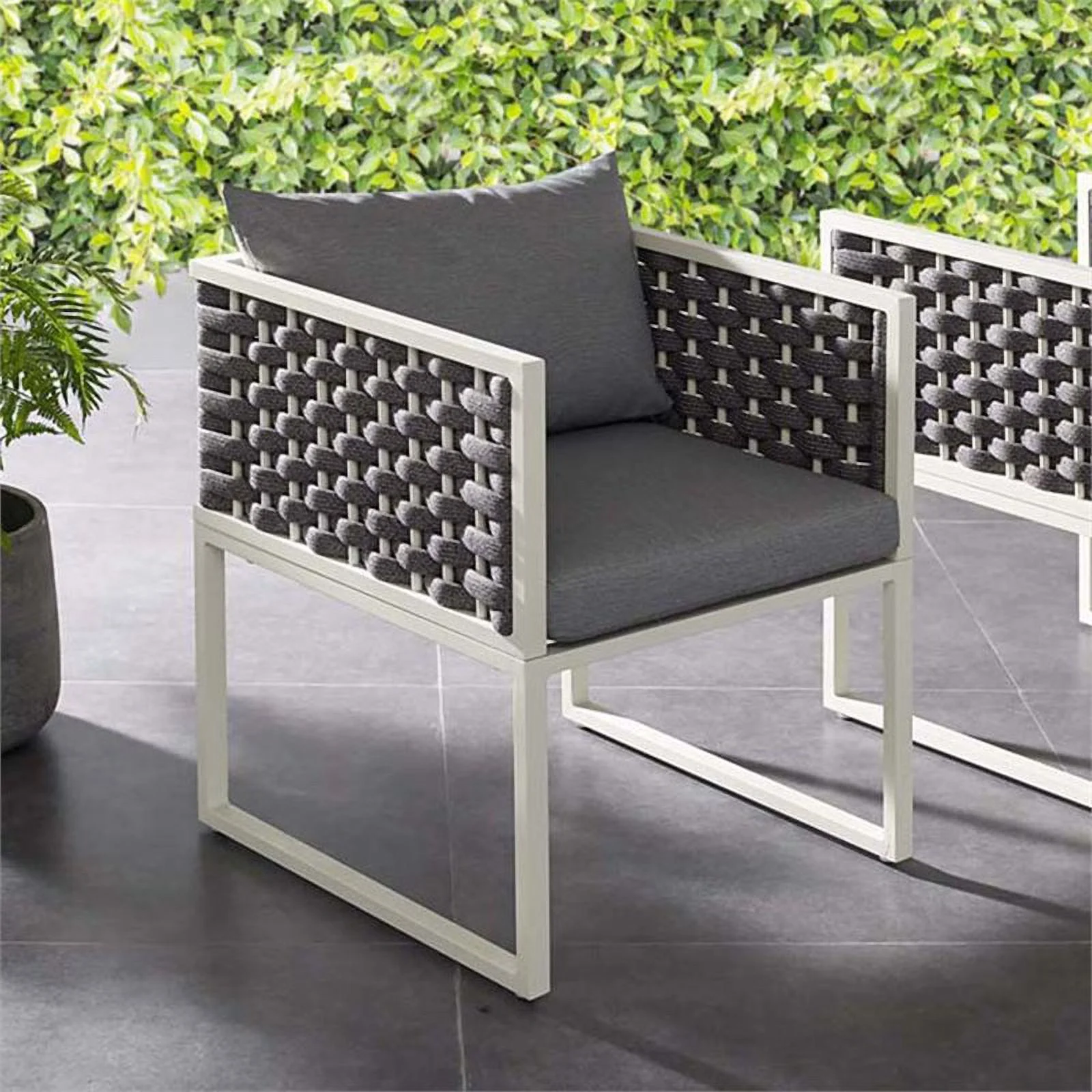 Pemberly Row  Patio Dining Arm Chair in White and Gray