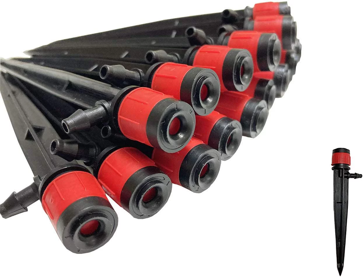 100PCS Drip Emitters Fan Shape with Stake Water Flow, 360 Degree Sprayer Perfect for Irrigation System, Adjustable for 1/4inch(7 x 4mm) Irrigation Tube Watering Kits for Garden Patio Lawn