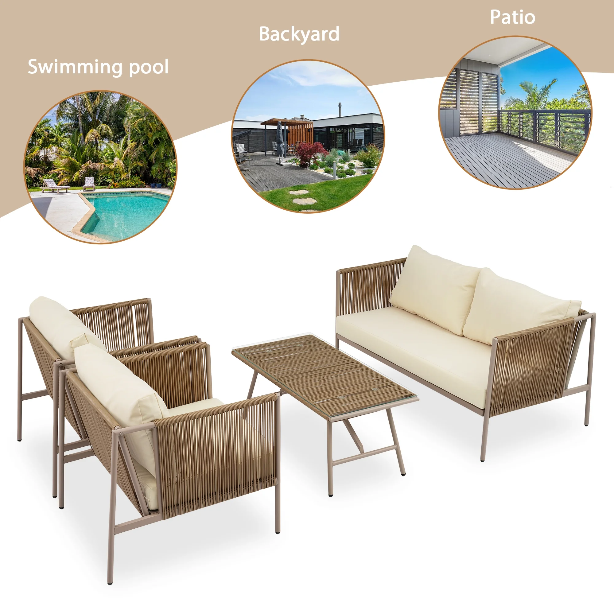 GO 4-Piece All-Weather Patio Rope Sofa Set with Loveseat, Thick Cushions, and Tempered Glass Table