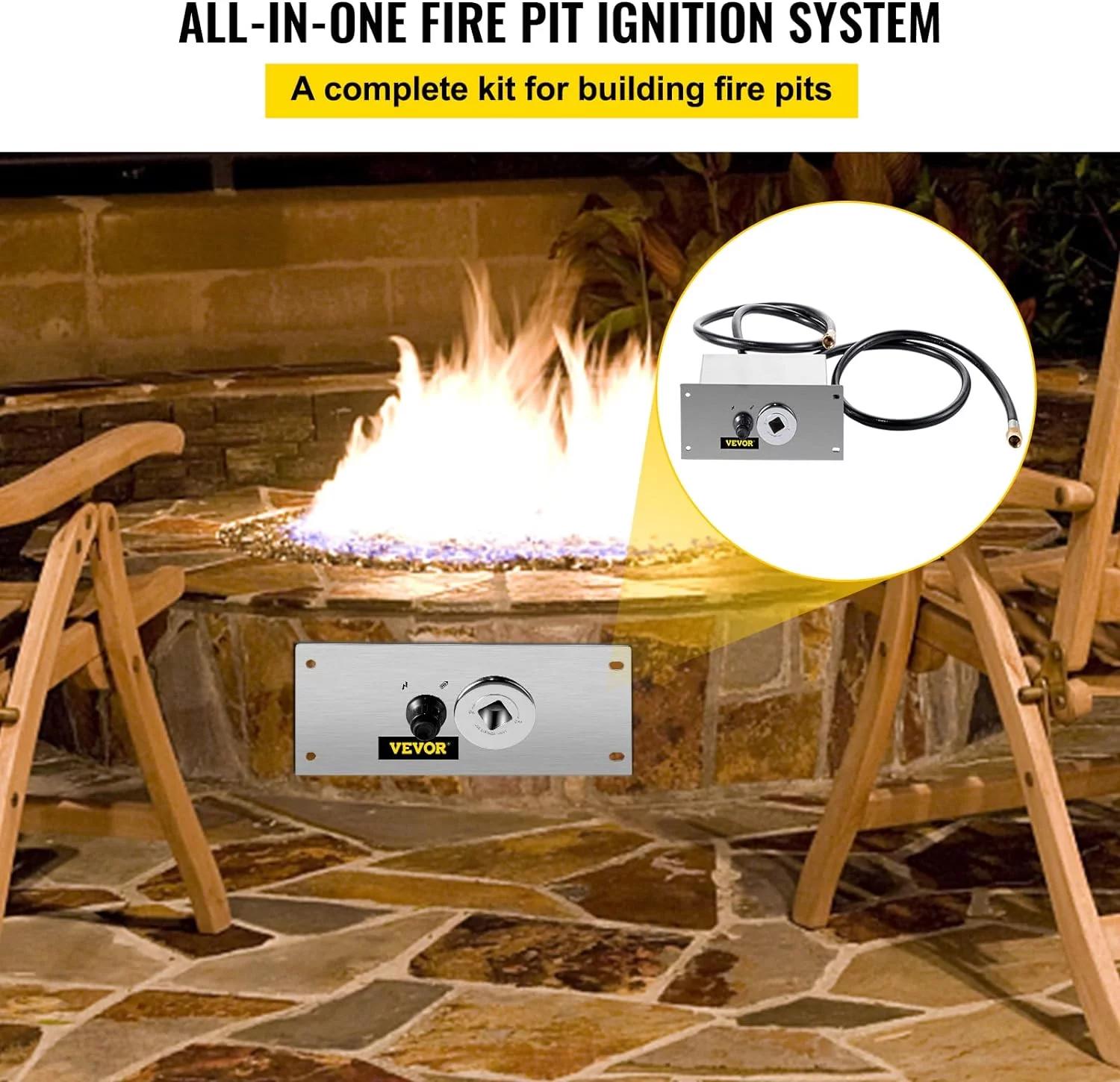 VEVOR Fire Pit Gas Burner Spark Ignition Kit, 300K BTU Fire Pit Ignition System, Stainless Steel Fire Pit Igniter, All-in-One Fire Pit Kit with Key Valve, Electric Igniter and 2 PVC Connecting Hoses