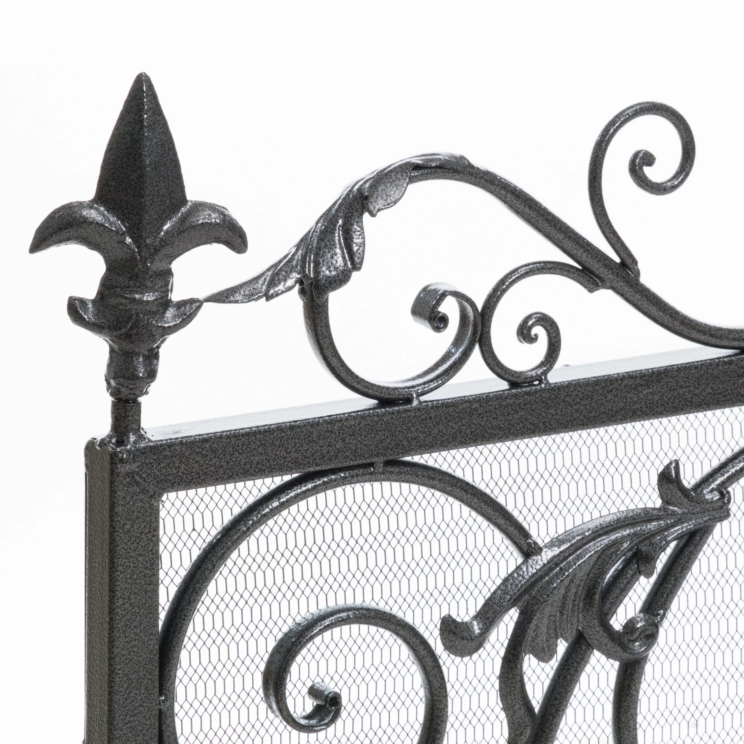 Noble House Crenshaw Iron Fireplace Screen, Silver Flower on Black