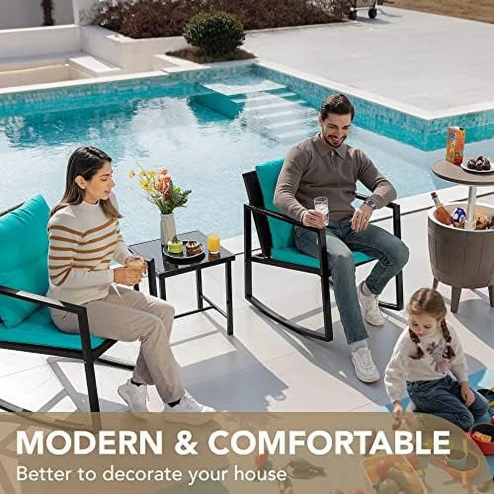 CKPFVY 3 Piece Rocking  Wicker Patio Outdoor  Porch Chairs Conversation Sets with Glass Coffee Table (Blue)