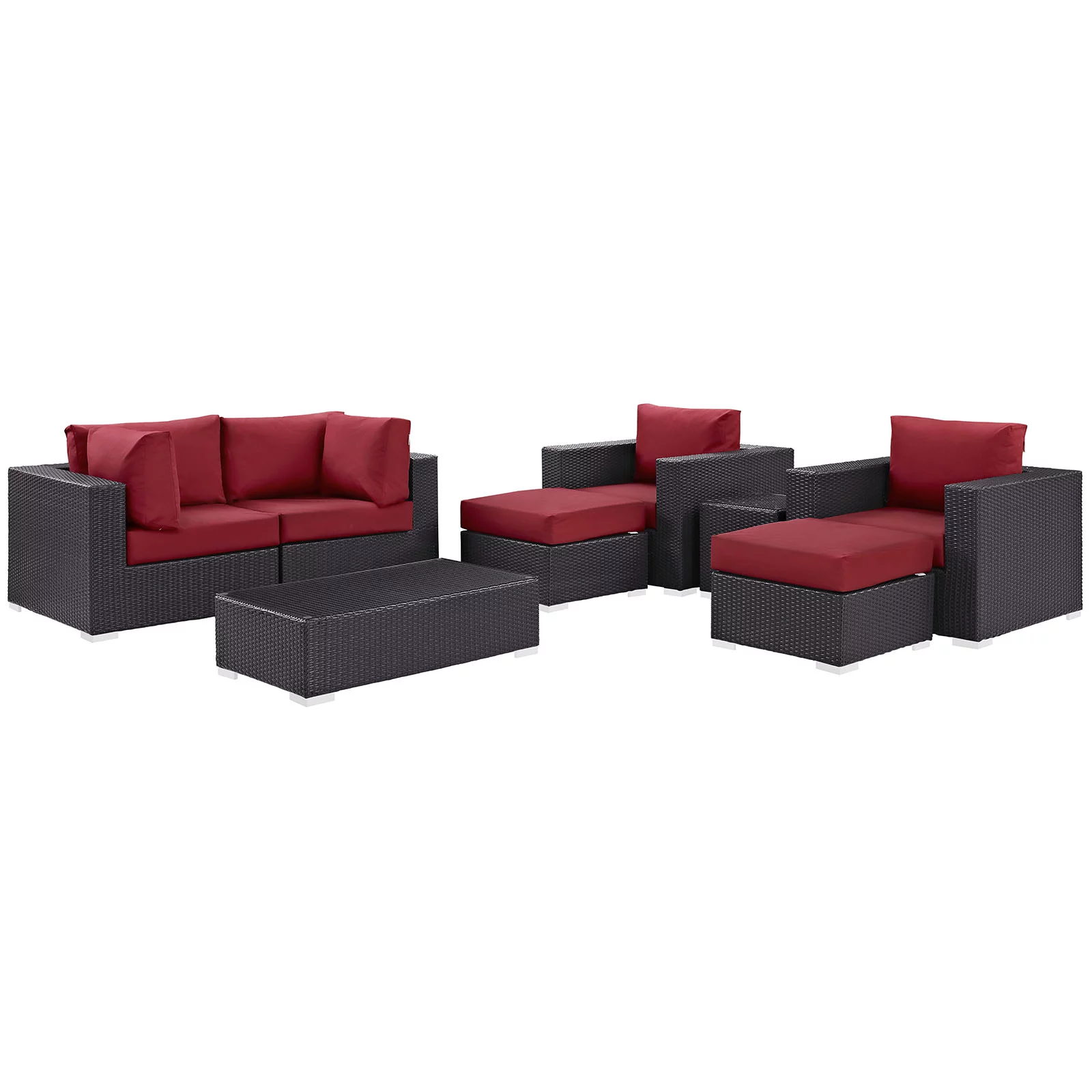 Modern Contemporary Urban Design Outdoor Patio Balcony Eight PCS Sectional Sofa Set, Red, Rattan