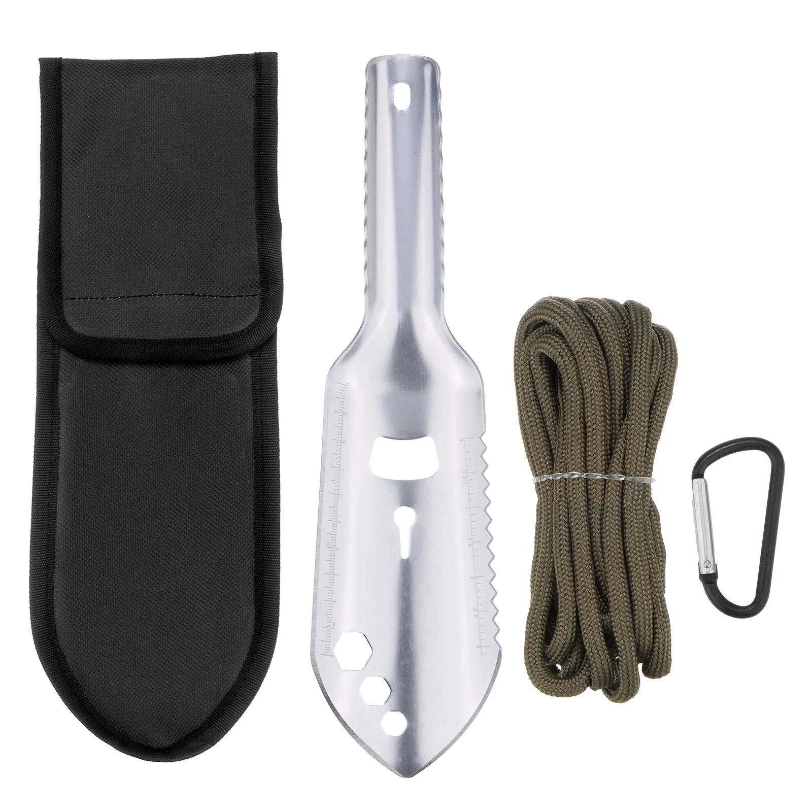 Uxcell Multifunctional Camping Shovel 7 in 1 Multi-Purpose Backpacking Shovels with Carrying Bag Paracord, Silver Khaki