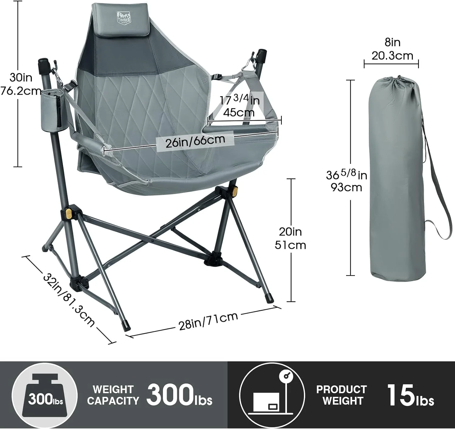 TIMBER RIDGE Hammock Camping Chair with Adjustable Backrest, Heavy Duty Folding Hammock Chair Supports 300lbs, Portable Hammock Chair for Camping, Travelling and Patio, Grey