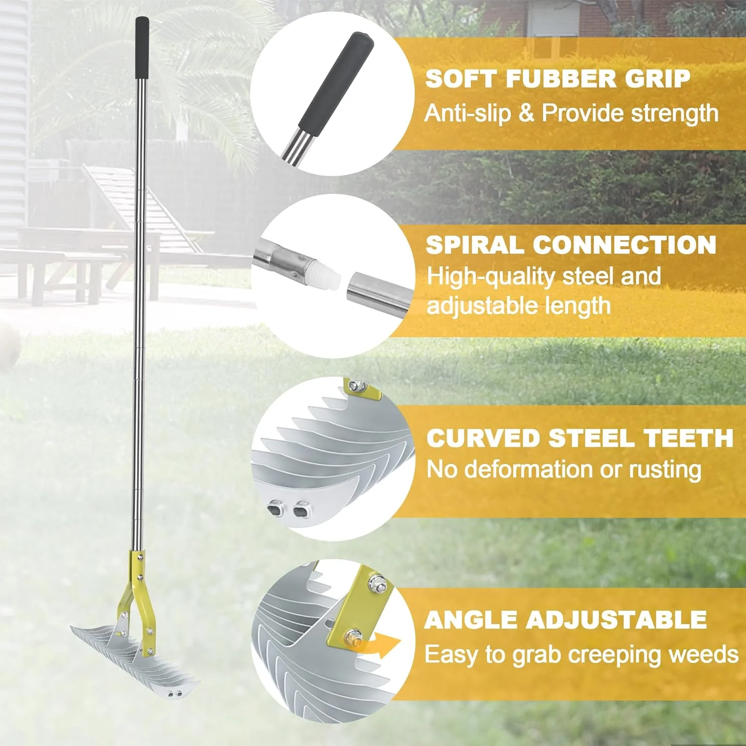 Thatch Rake, 15-Inch Wide Lawn Thatching Rake for Cleaning Dead Grass, Efficient Steel Metal Lawn Grass Rake with Stainless Steel Handle, Lawn loosening Soil Rake, 58.5-Inch Length.