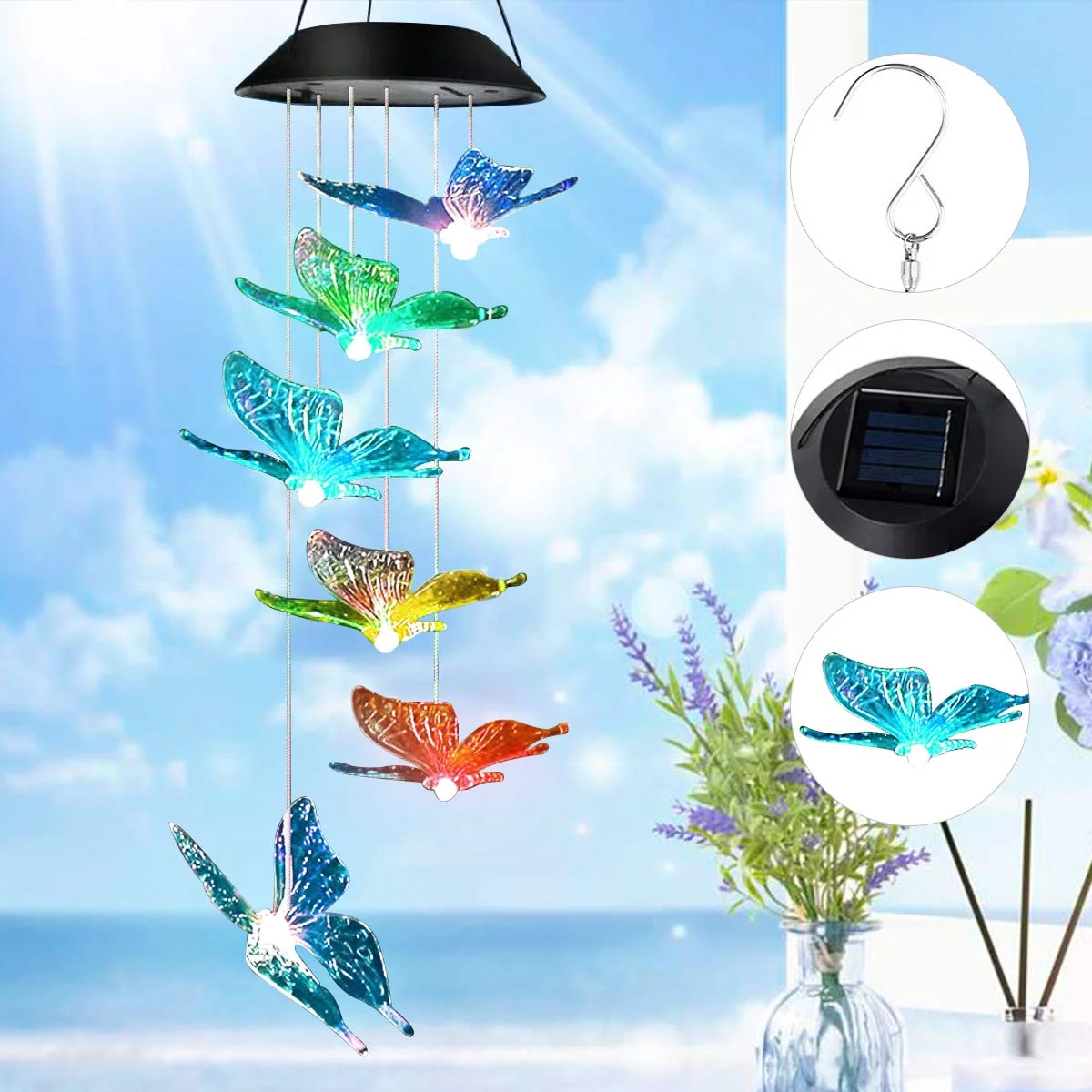 Solar Butterfly LED Wind Chimes Outdoor - Waterproof Solar Powered LED Changing Light Color 6 Butterflies Mobile Romantic Wind-Bell for Home, Party, Festival Decor, Night Garden Decoration