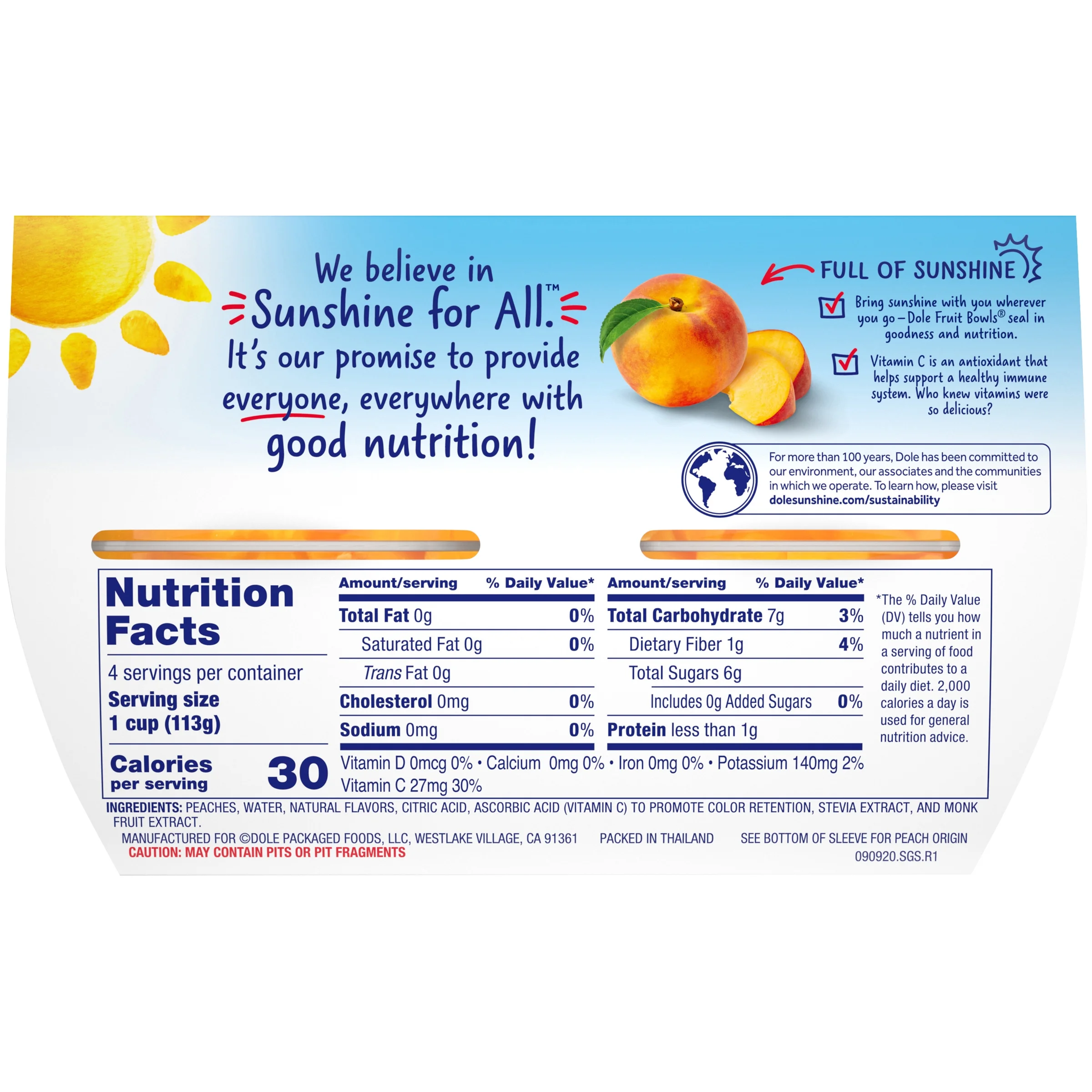 Dole No Sugar Added Yellow Cling Diced Peaches Fruit Bowls, 4oz (4 Cups)