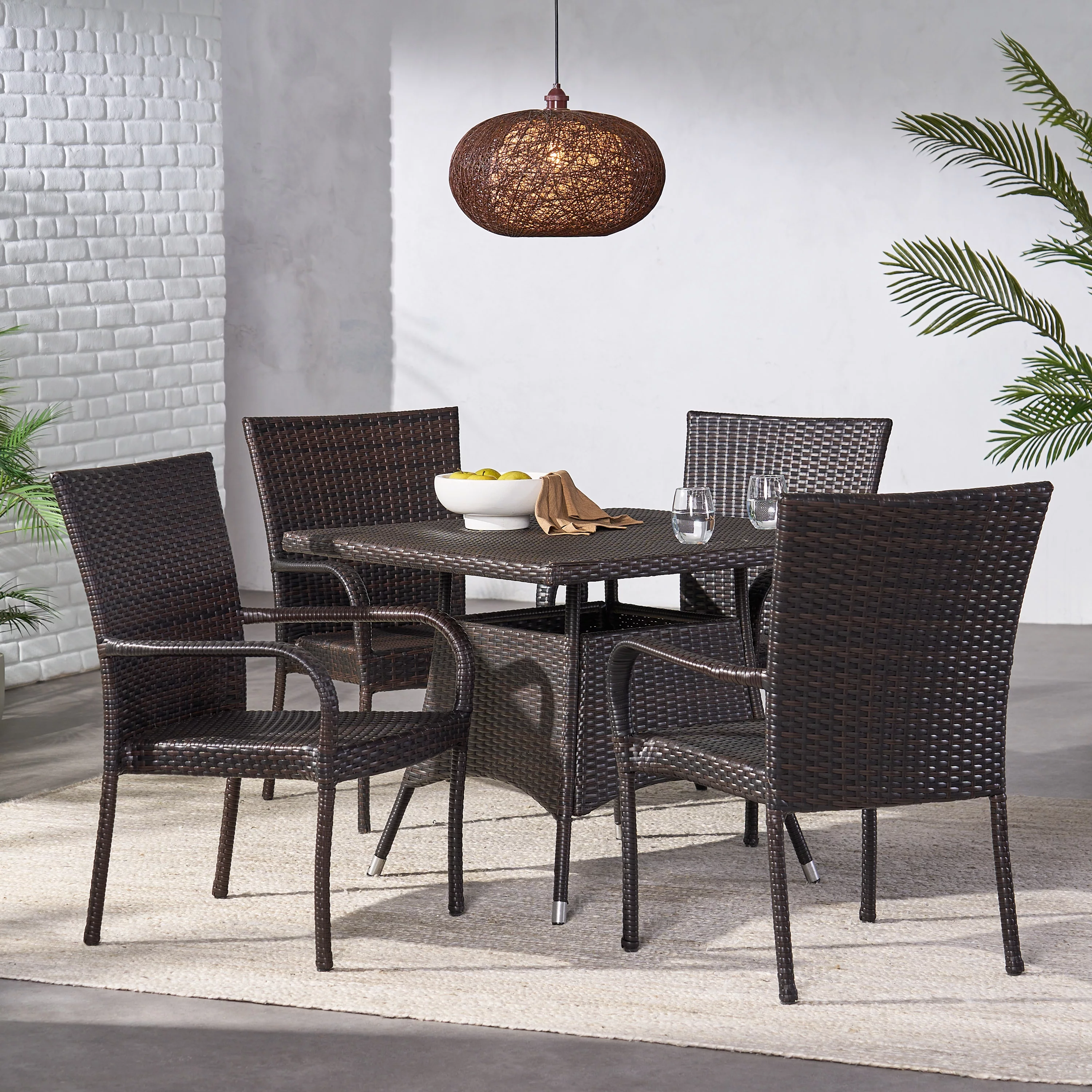 Amelia 5 Piece Outdoor Square Wicker Dining Set, Multibrown