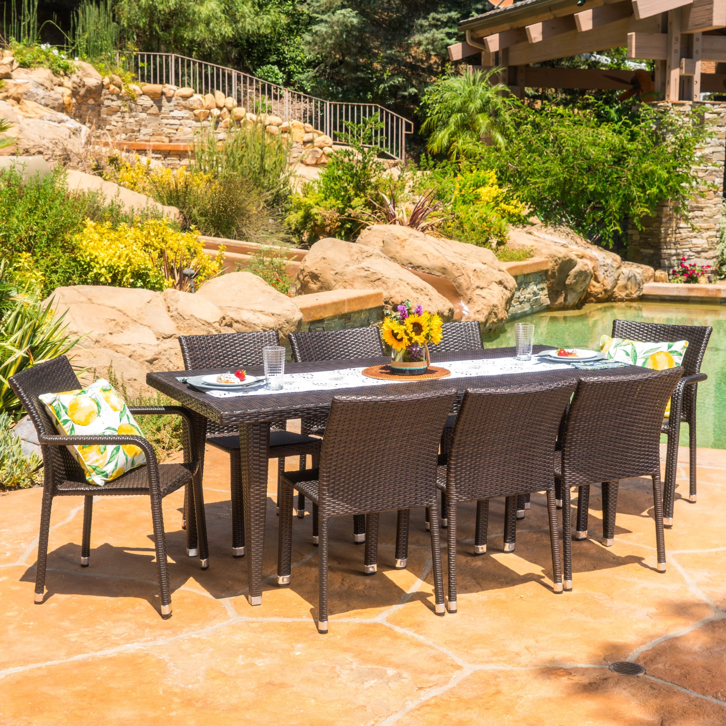 Jamileth Outdoor 9 Piece Wicker Dining Set with Aluminum Framed Dining Chairs, Multi Brown