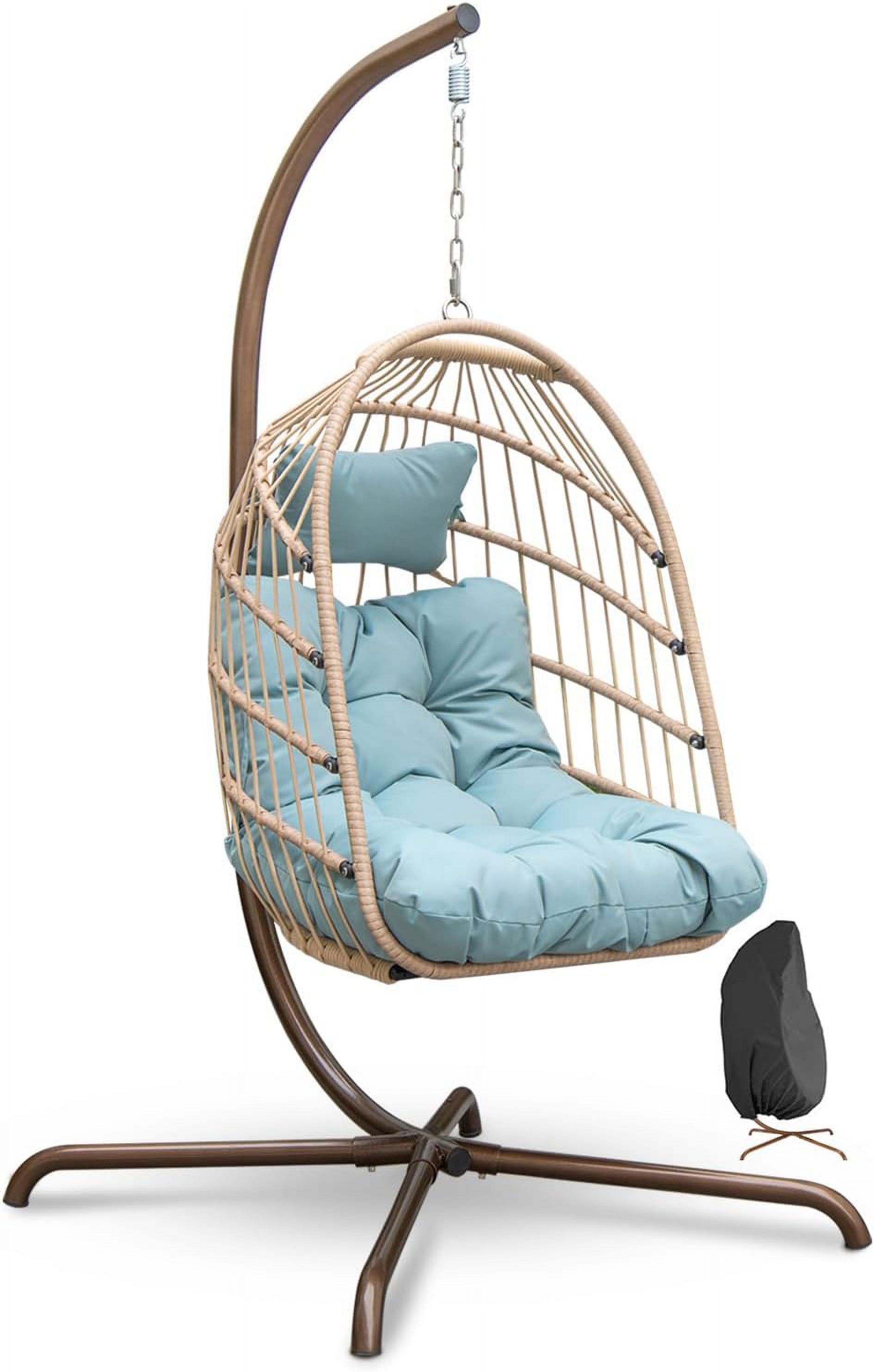 RADIARA Foldable Wicker Rattan Hanging Egg Chair with Stand, Swing Chair with Cushion and Pillow, Lounging Chair for Indoor Outdoor Bedroom Patio Garden (Blue with Cover&Stand)