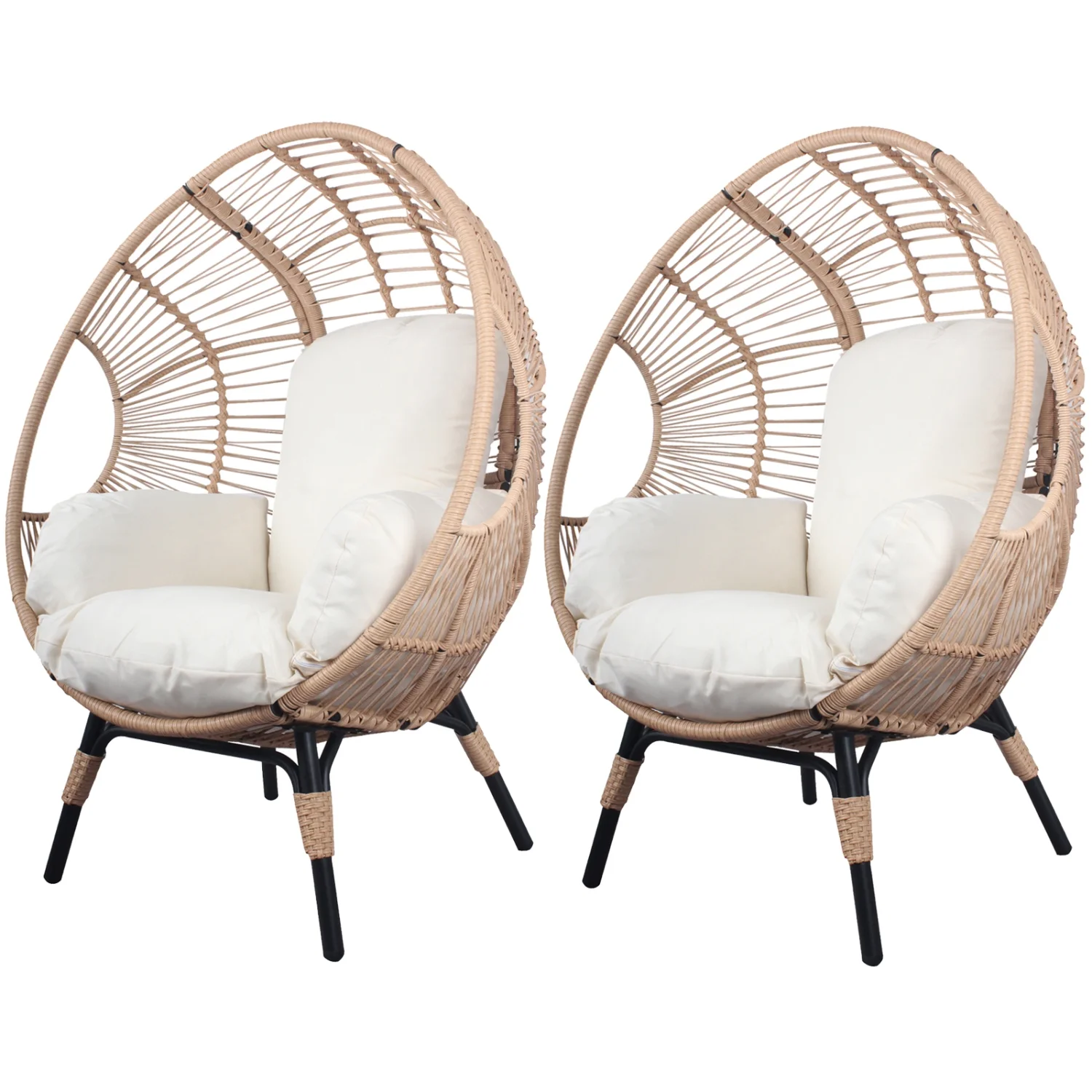 2-Piece Patio Furniture Natural Color Wicker Egg Chair Set with Comfortable Beige Cushion