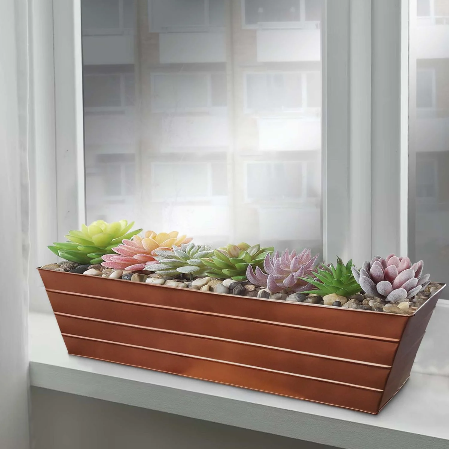 LEIYEHOOM Rectangular Metal Flower Planter Box with Embossed Line Design  Large  Copper
