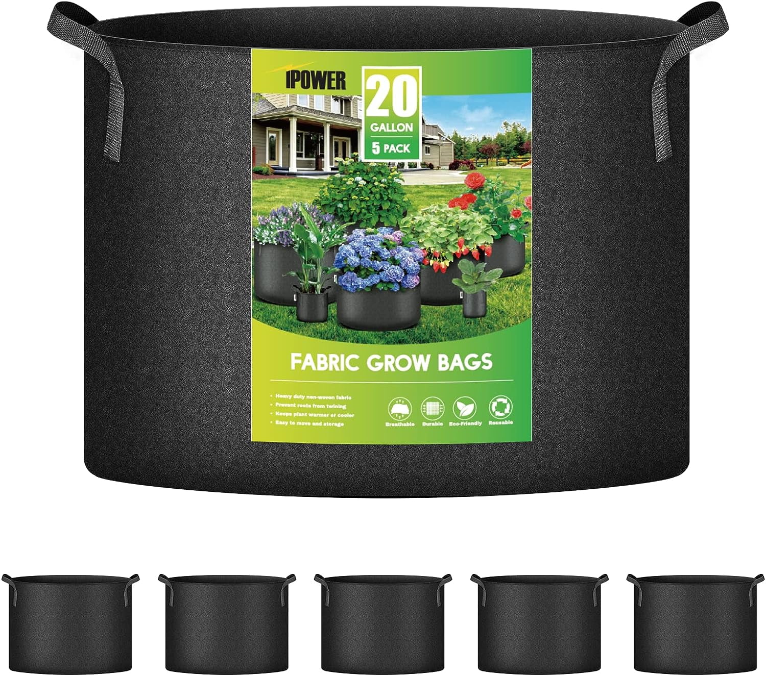 iPower Grow Bags Nonwoven Fabric Pots Aeration Container with Strap Handles, 5-Pack Black, 20 Gallon