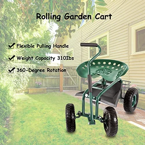 Garden Cart Yard Cart - Garden Cart with Seat,Garden Stool with Wheels,Gardening Stool,Beach Cart,Green