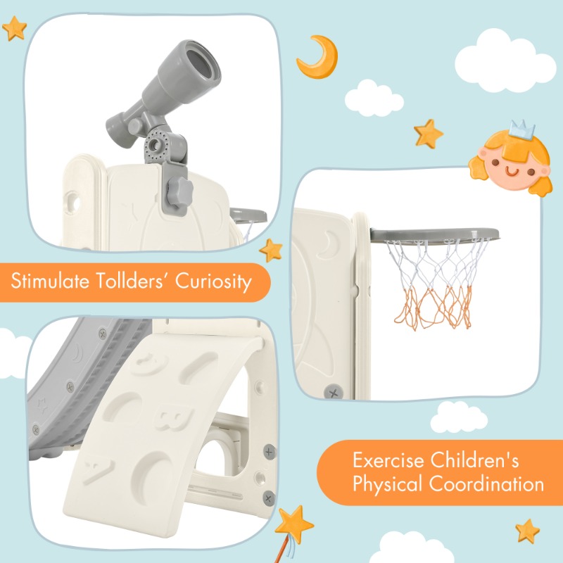 Kids Slide Toy Structure 5-in-1, Freestanding Spaceship Set with Slide, Telescope and Basketball Hoop, Toddler Golf Hole, Kids Climber Playground