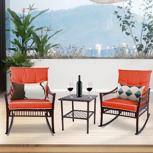 HYHBIBOOM Outdoor Rocking Chairs  3 Pieces Patio Conversation Set  Wicker Rocking Chairs  with Coffee Table  Front Porch  for Garden and Balcony (Brown Rattan Beige Cushion)