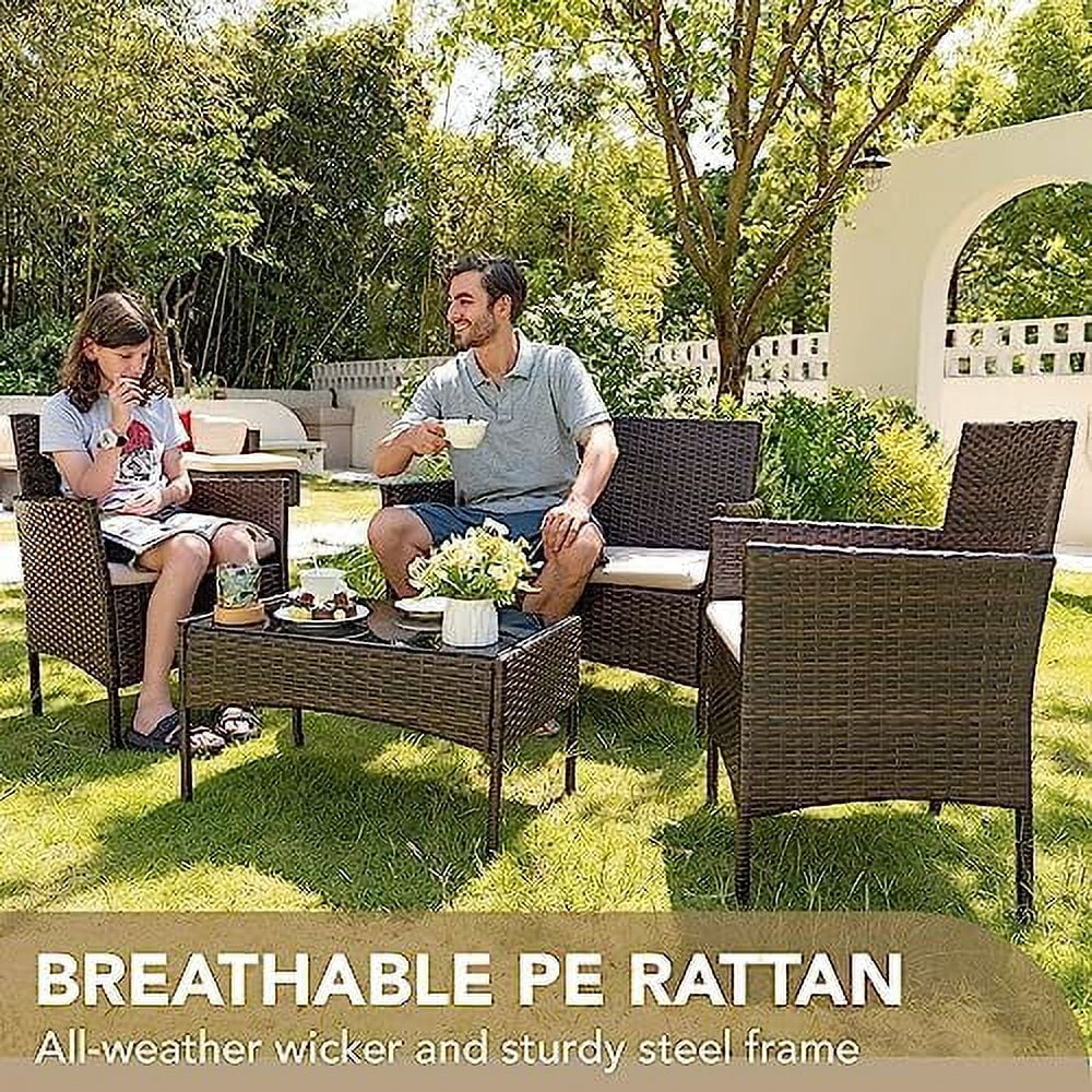 AYFDEGT 4 Pieces Outdoor Patio  Set  PE Rattan Wicker Chairs Balcony Lawn Porch Patio  Sets with Beige Cushion and Table (Brown)