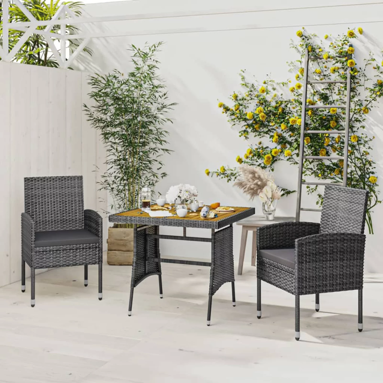 walmeck 3 Piece Patio Dining Set Poly Rattan Gray