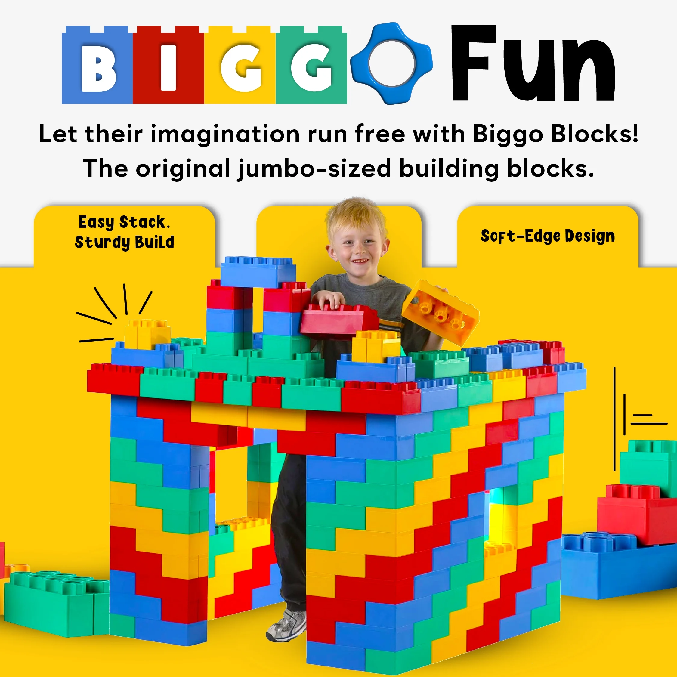 BiggoBlocks Jumbo Blocks — Big Blocks for Kids Ages 3-8 — Indoor & Outdoor Blocks for Kids Jumbo Games — Large Building Blocks (36 pc with 3 cars) Train Set