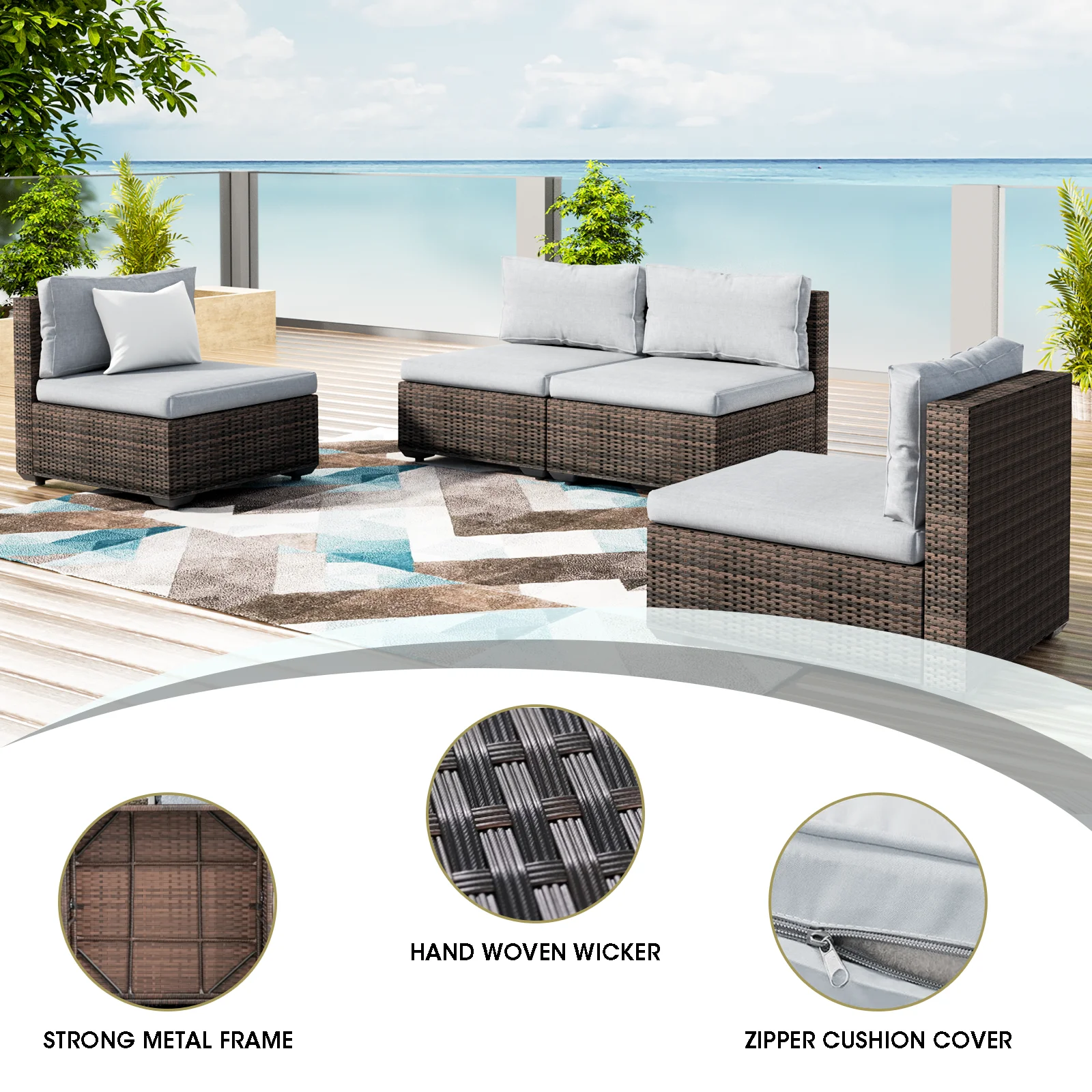 Grezone 4 Pieces Patio Furniture Set, All Weather Outdoor Sectional PE Rattan, Patio Conversation Sets with Cushions and Glass Coffee Table for Garden Lawn Balcony Porch Deck, Gray