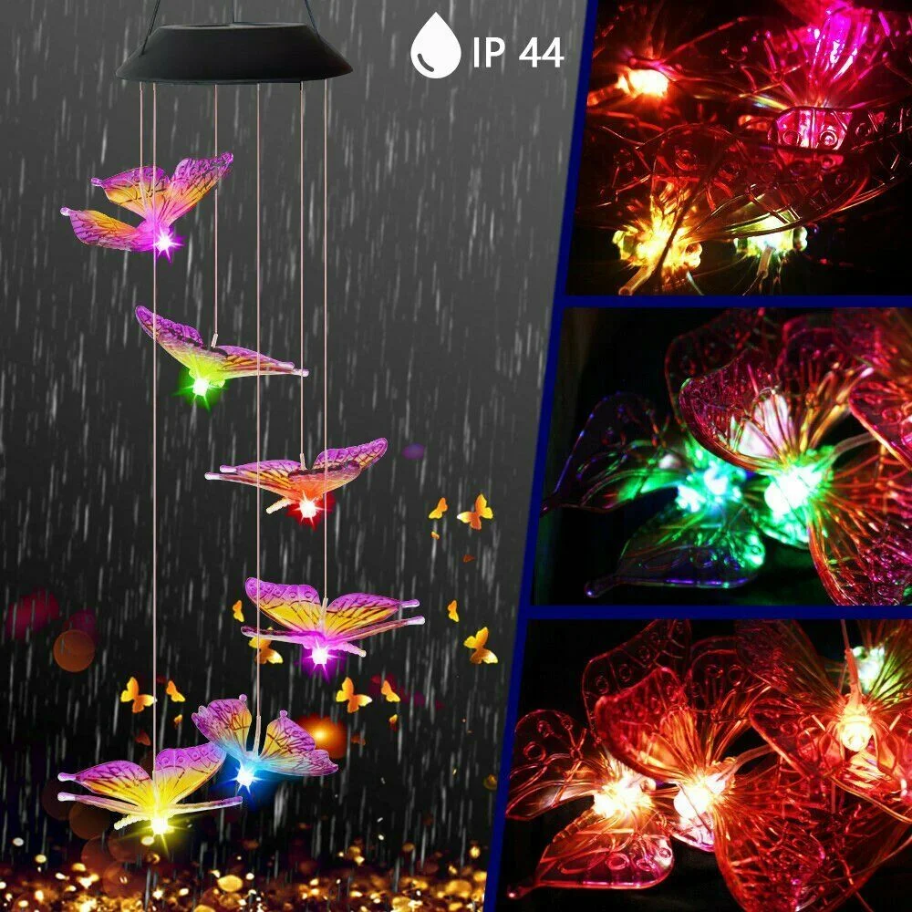 EROCK Purple Solar Color Changing LED Butterfly Wind Chimes Garden Decor Lights Waterproof
