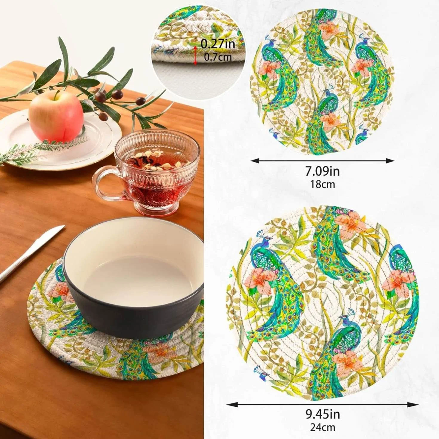 Spring Peacock Floral Potholders Set Trivets Set 100% Pure Cotton Thread Weave Hot Pot Holders Set of 2, Flowers Summer Stylish Coasters, Hot Pads, Hot Mats,Spoon Rest For Cooking and Baking