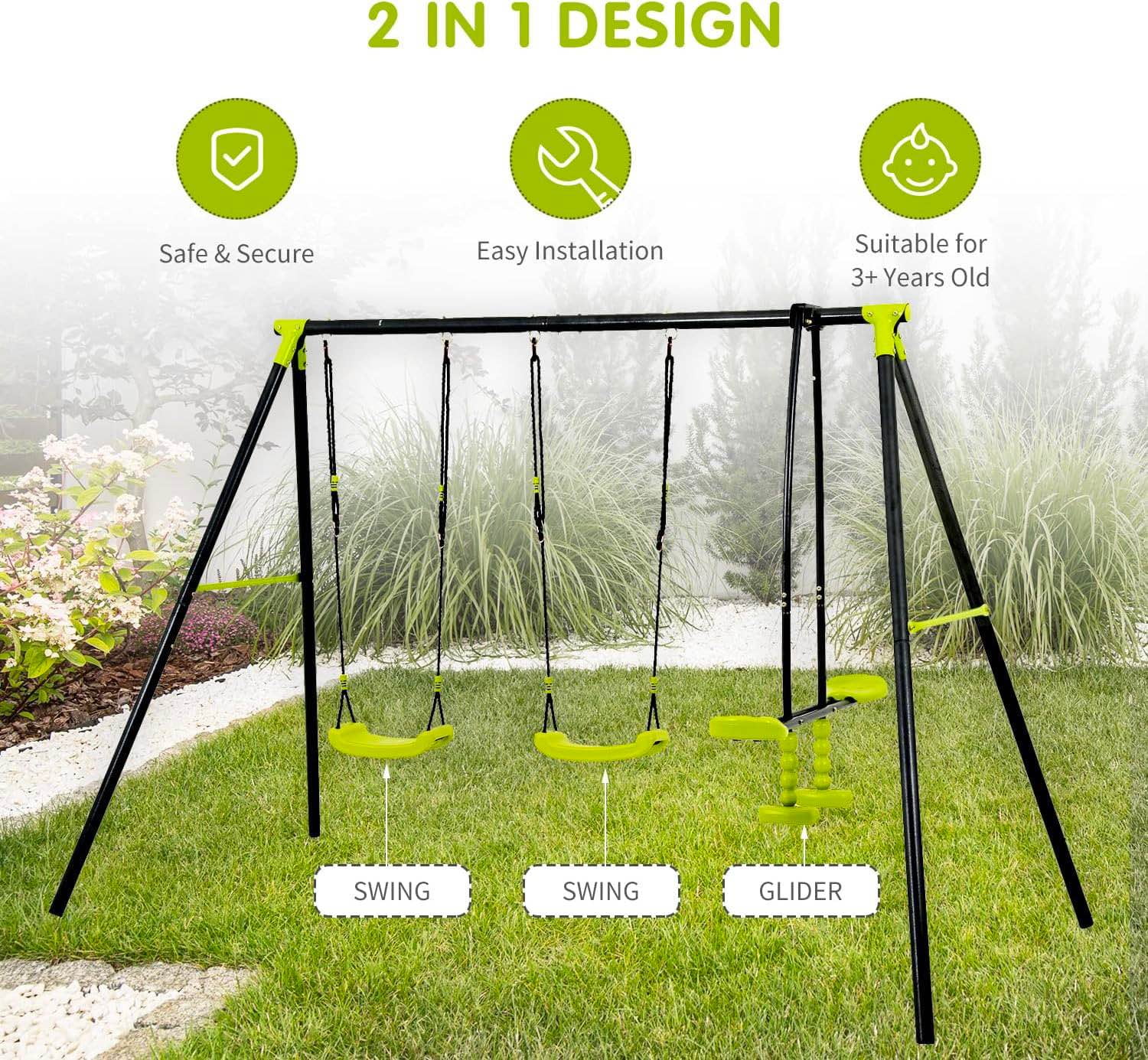 2 in 1 Metal Swing Sets for Kids with 2 Single Swings and 1 Swing Glider,Heavy Duty Swing Stand for Outside Backyard Playground,400lb Capacity