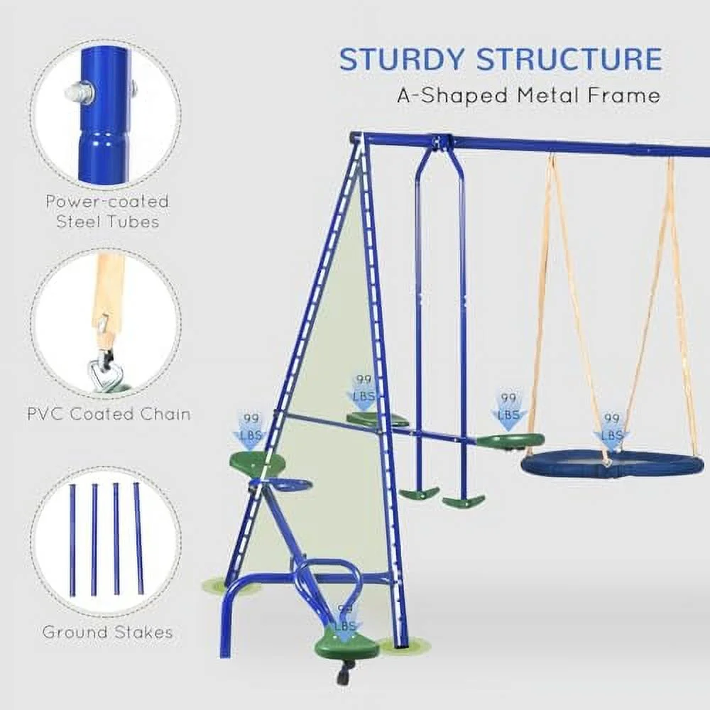 Outsunny 693 lbs Swing Set for Backyard, 5 in 1 Heavy-Duty A-Frame Stand Outdoor Playset for Kids, with Saucer Swing, Slide, Seesaw, Glider, Swing Seat