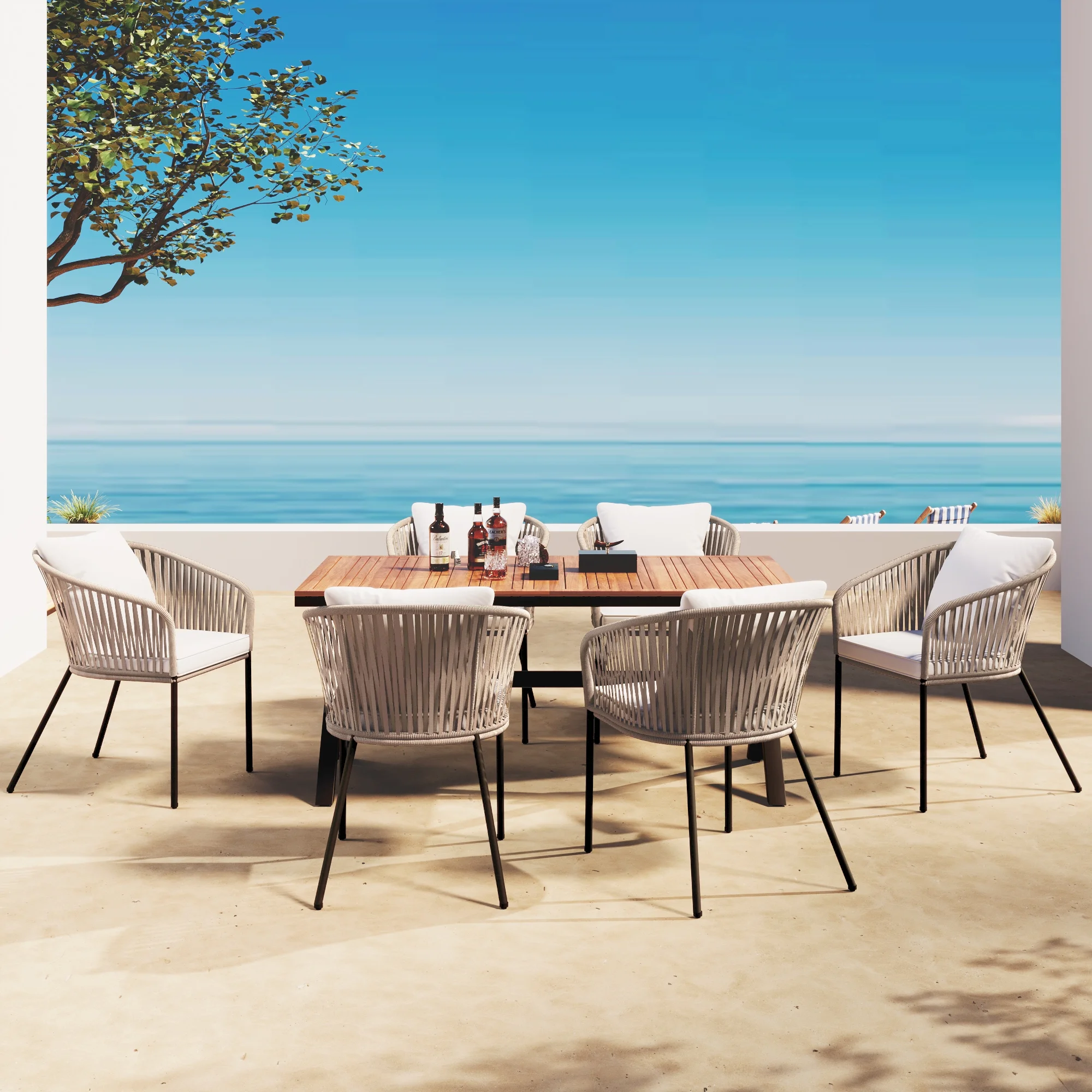 GO 7 Pieces Patio Dining Set, All-Weather Outdoor Furniture Set with Dining Table and Chairs, Acacia Wood Tabletop, Metal Frame, for for Garden, Backyard, Balcony, Beige