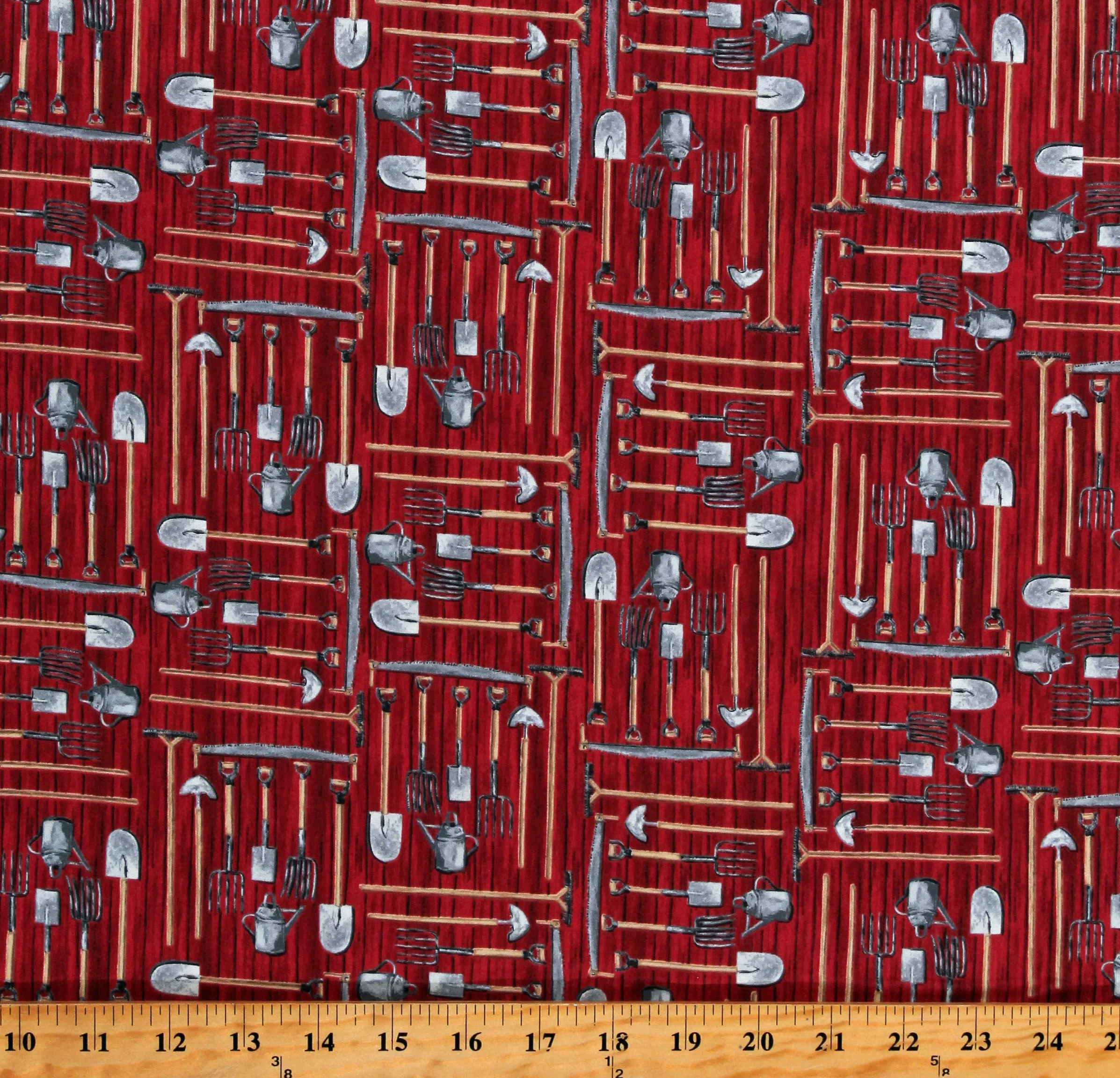 Cotton Farming Tools Shovels Pitchforks Watering Cans Hoes Gardening French Hill Farms Red Barn Wood Cotton Fabric Print by the Yard (1850-88)