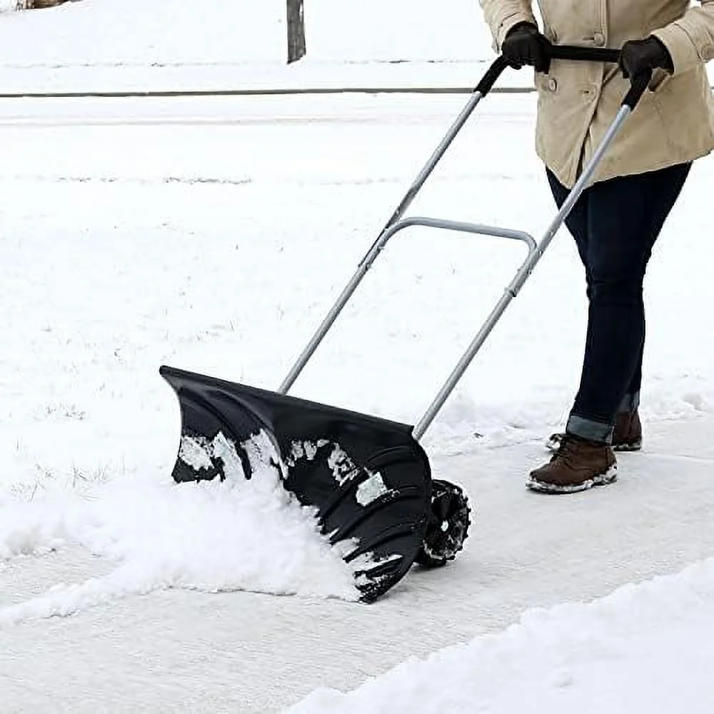 Heavy-Duty Rolling Snow Pusher With 6-Inch Polypropylene Wheels And Adjustable Aluminum Handle - Wheeled Snow Plow-Style Back Saver Snow Shovel - 26-Inch Blade