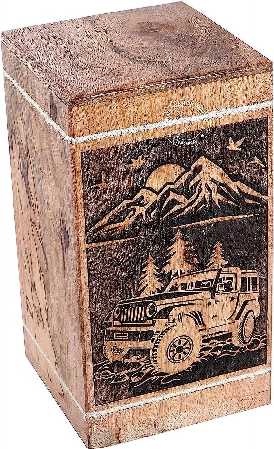Handcrafted Car Wooden Urns for Human Ashes Adult Large - Rising Sun Mountain Cremation Urn for Ashes - Burial Urn for Columbarium - Funeral Urn Box (250 LB - Hardwood, Design-2)