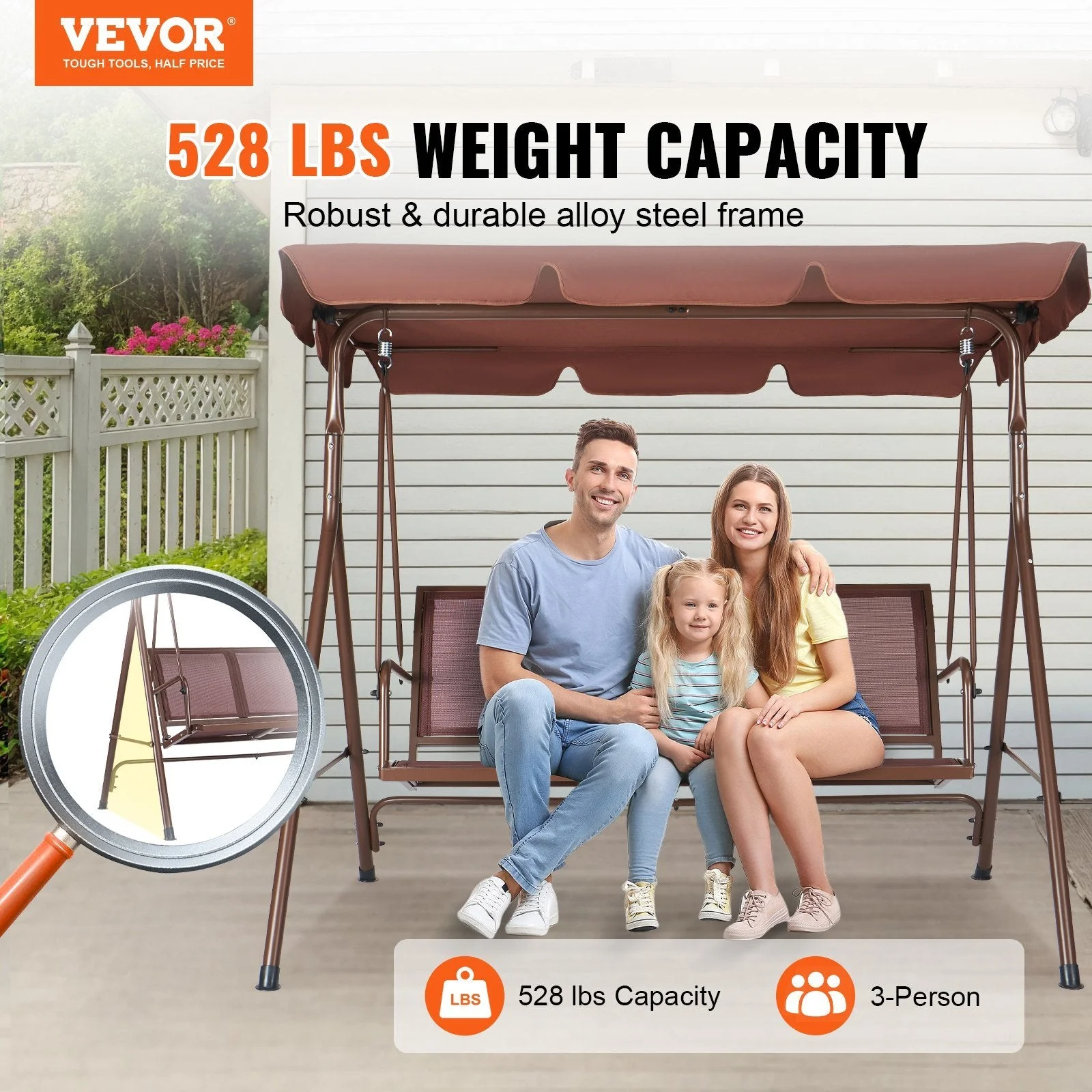 3-Seat Patio Swing Chair, Outdoor Patio Swing with Adjustable Canopy