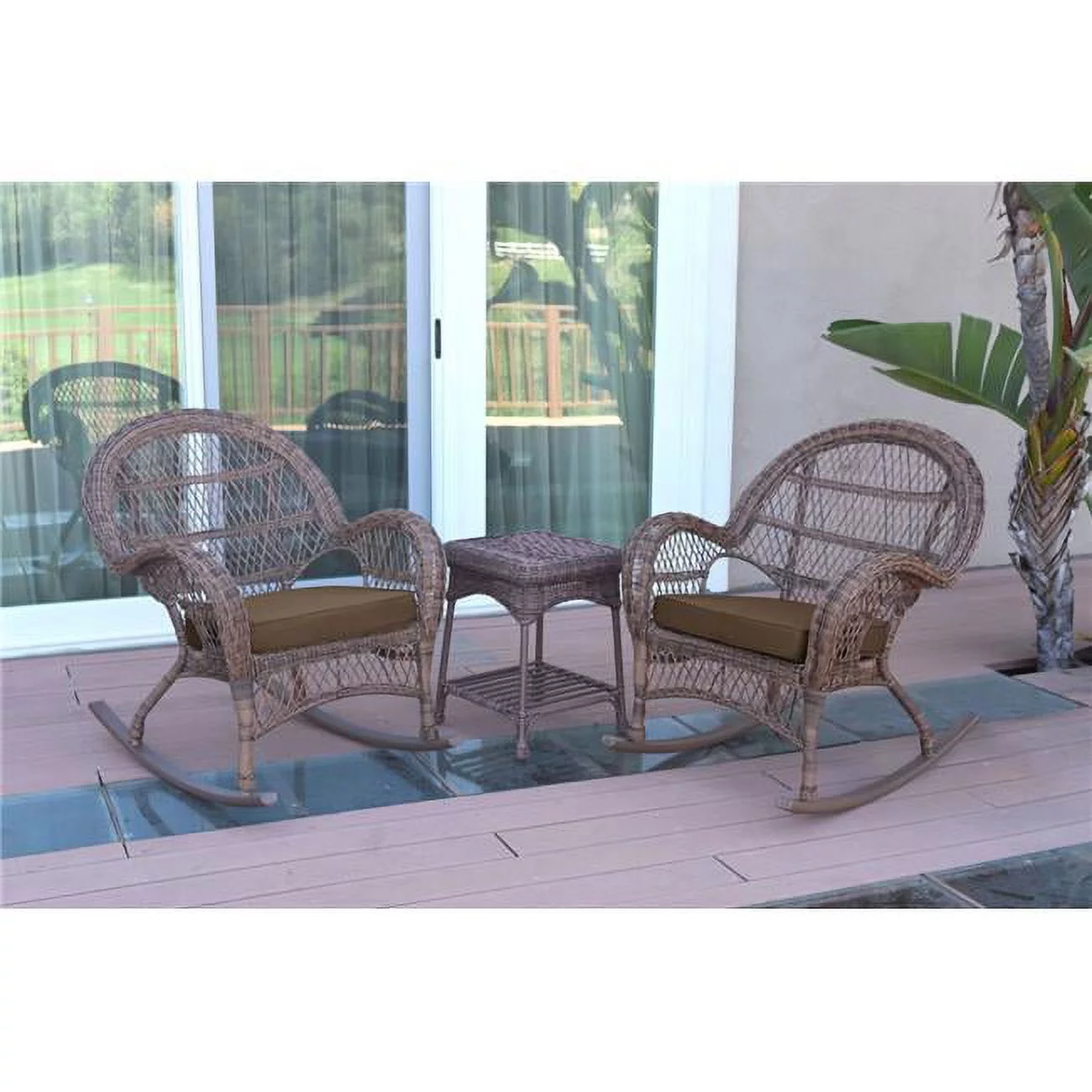 W00210-2-RCES007 3 Piece Santa Maria Honey Rocker Wicker Chair Set, Brown Cushion