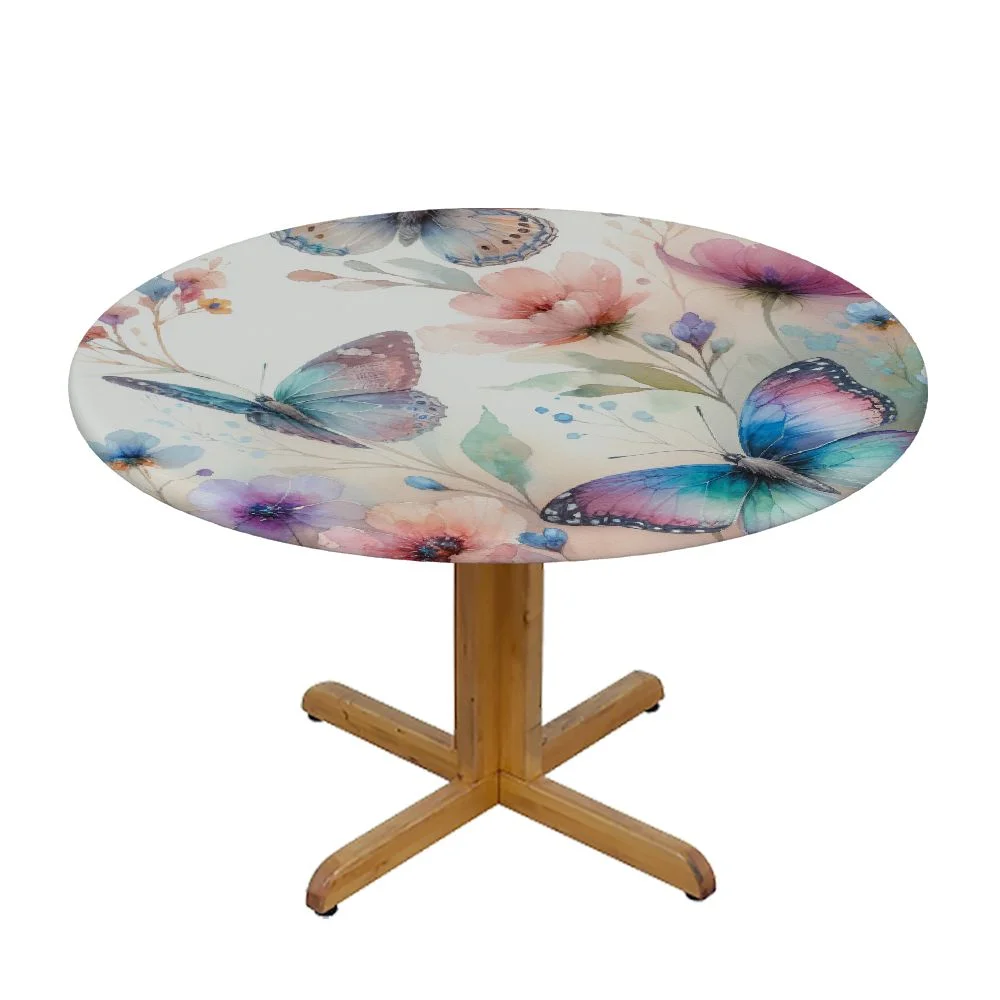 PINGXIXI  Vinyl Table Cover Elastic Edged Pink Rose Butterflies Tablecloths Heavy Duty Fitted  Round Table Waterproof Oil-Proof Wipeable PVC Table Cloth